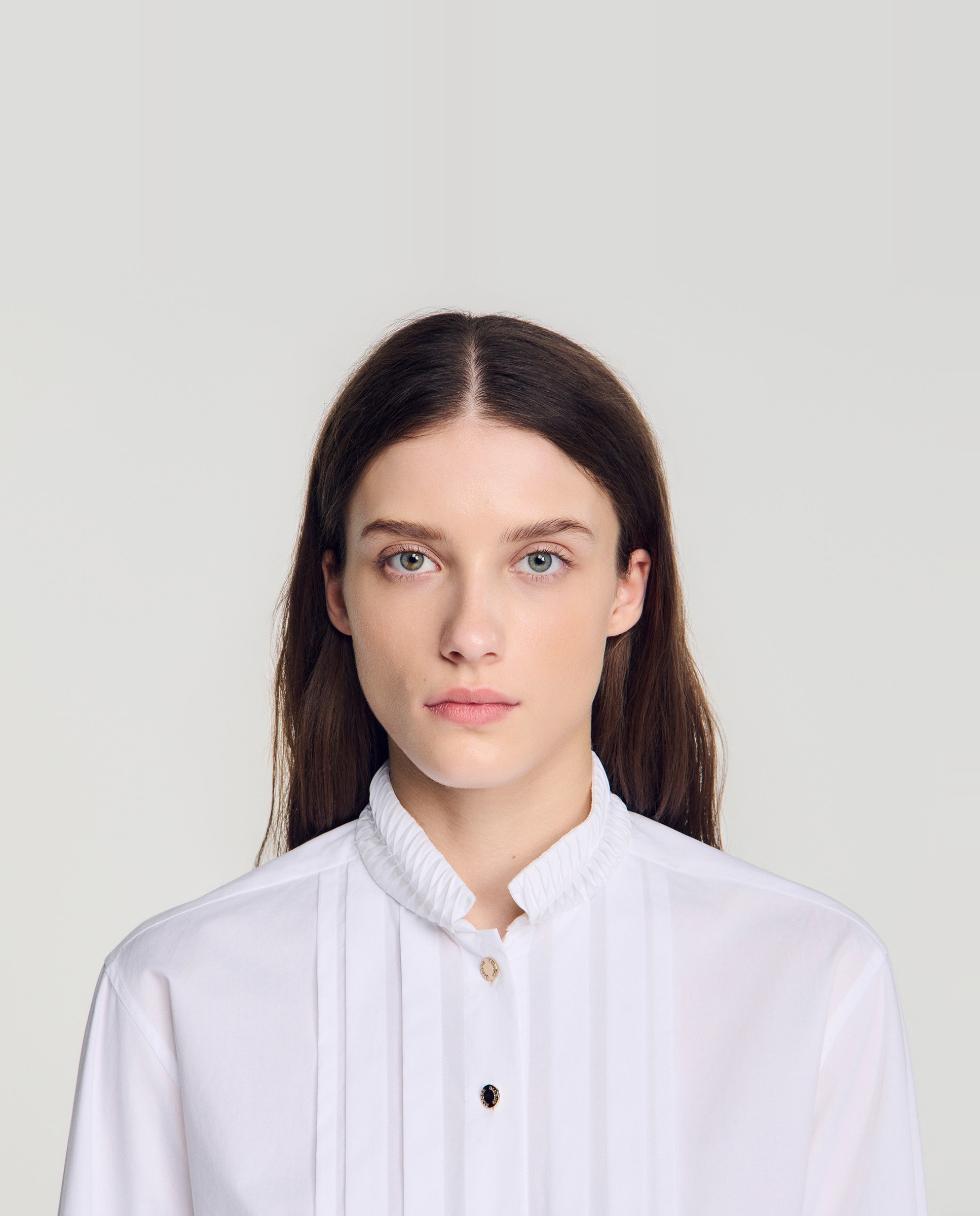 Camisa de mujer plisada 100% algodón con cuello origami y manga larga - Sandro - Blanco Blanco-5