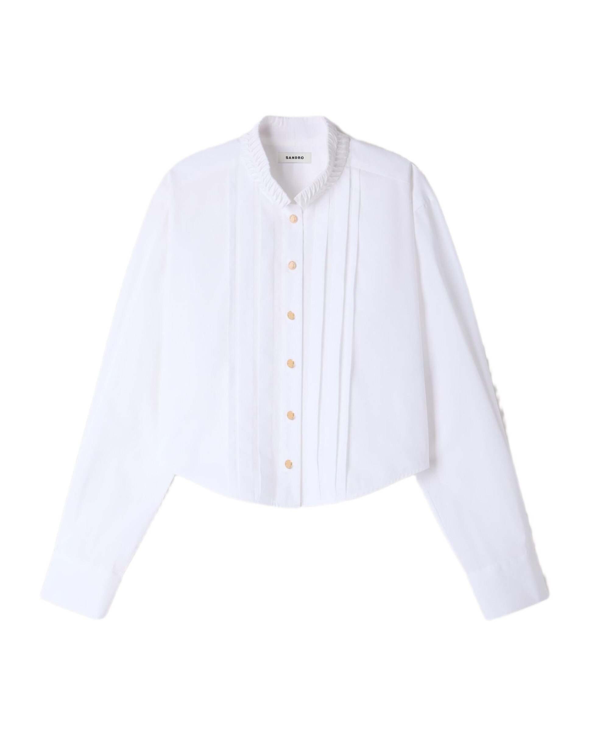 Camisa de mujer plisada 100% algodón con cuello origami y manga larga - Sandro - Blanco Blanco-6