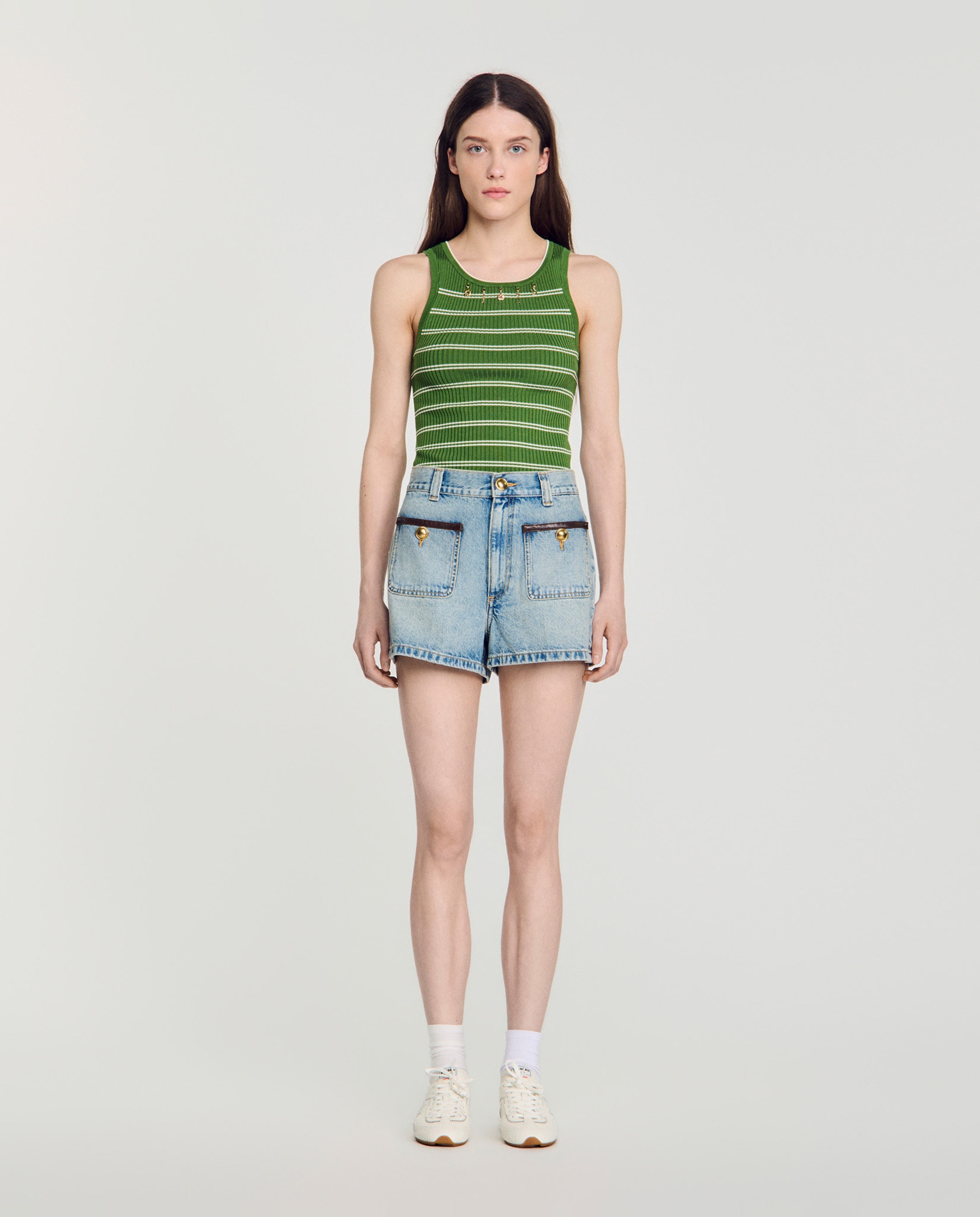 Short vaquero recto talle alto de mujer con detalle de piel - Sandro - Azul Azul-1