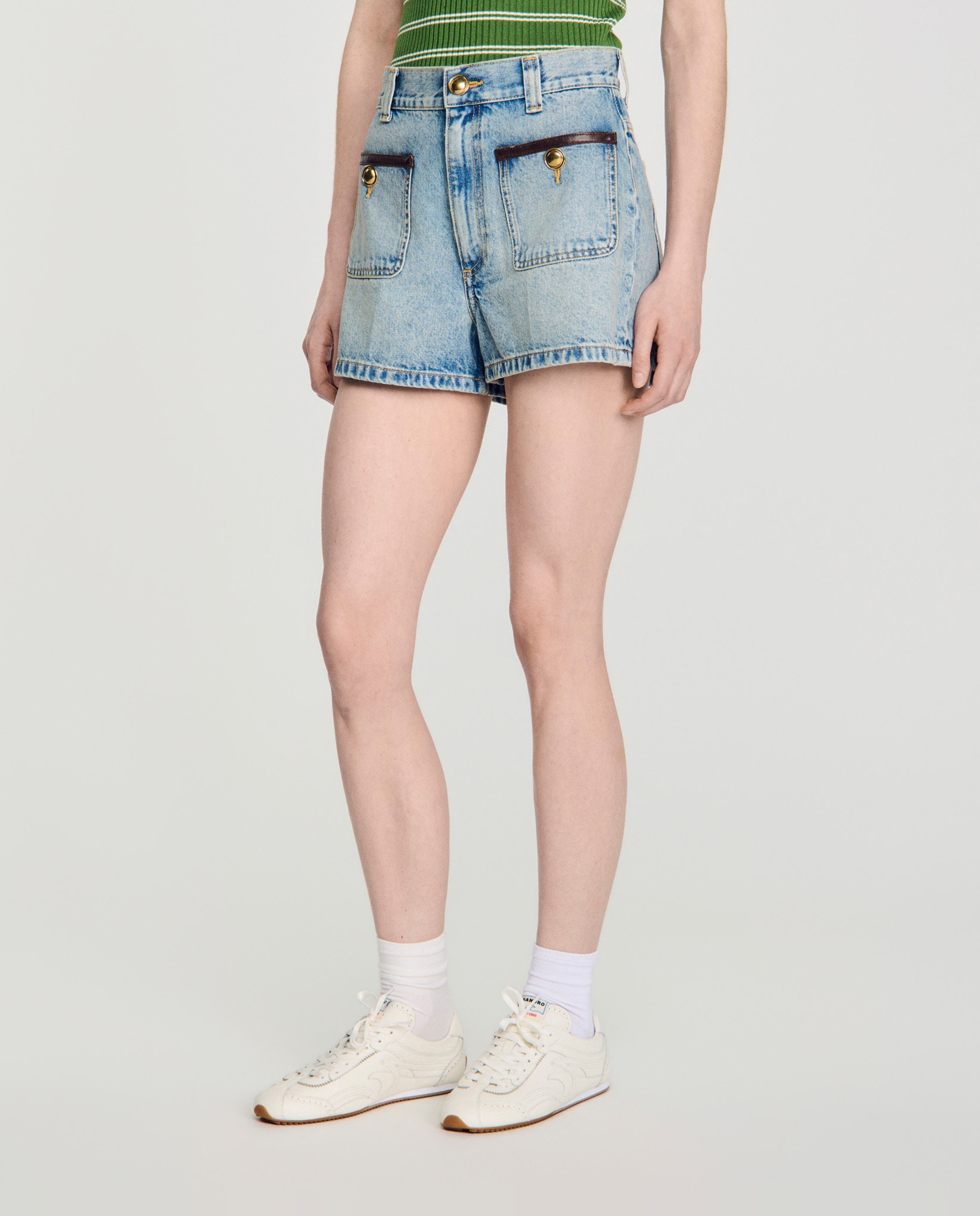 Short vaquero recto talle alto de mujer con detalle de piel - Sandro - Azul Azul-2