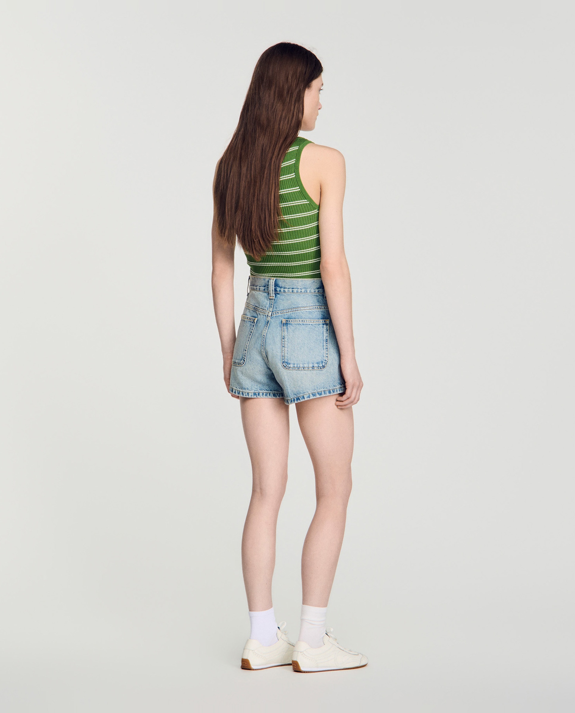 Short vaquero recto talle alto de mujer con detalle de piel - Sandro - Azul Azul-3