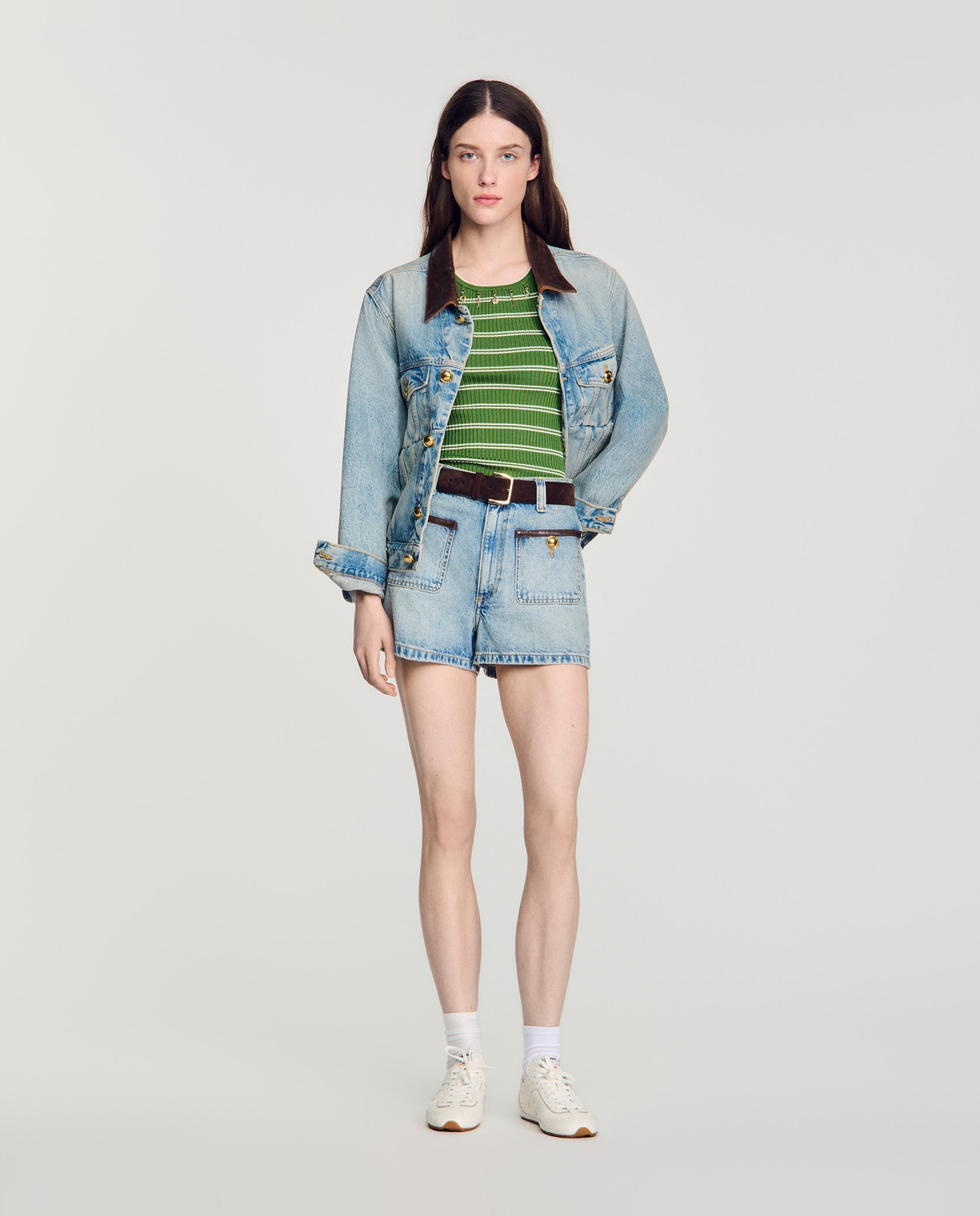 Short vaquero recto talle alto de mujer con detalle de piel - Sandro - Azul Azul-5