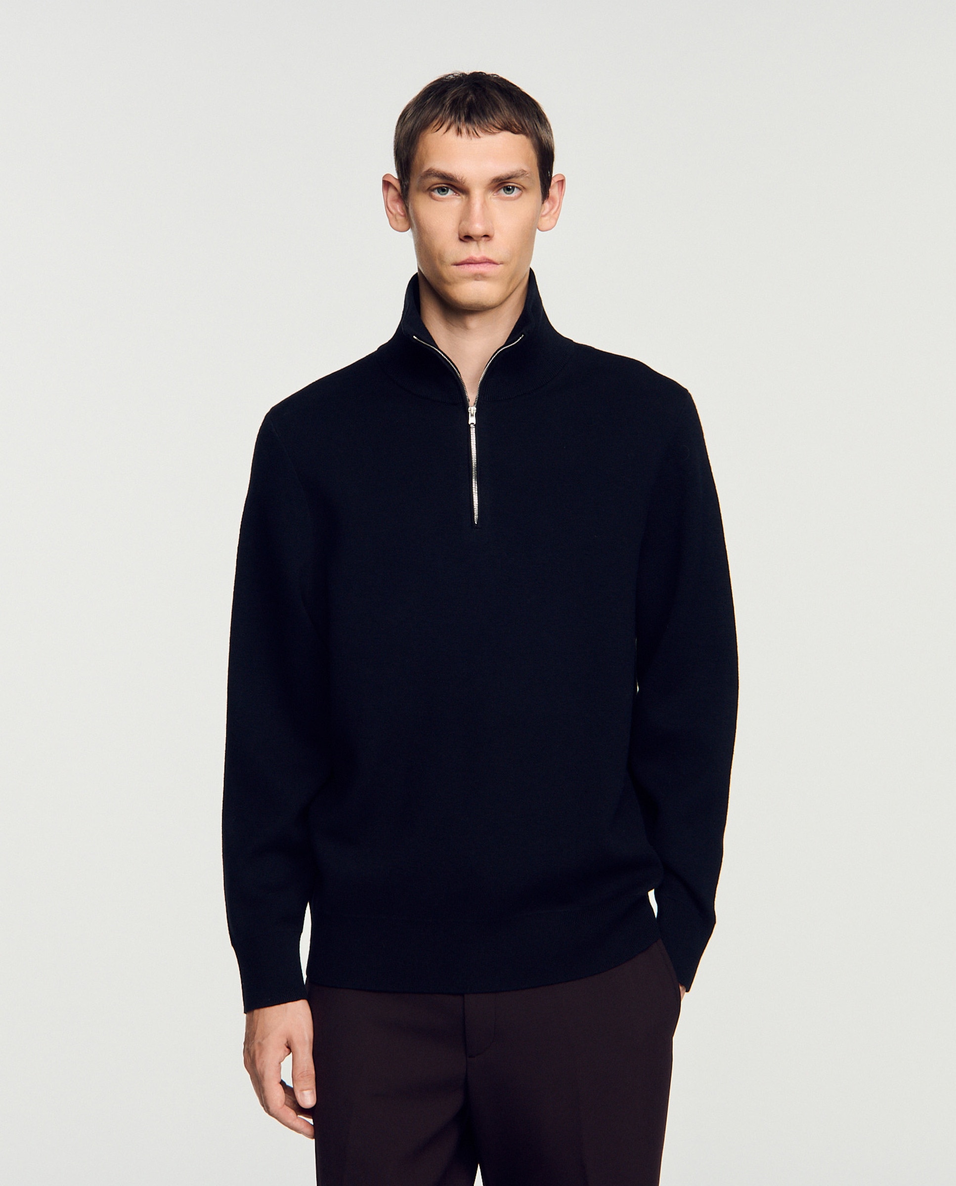 Jersey de hombre cuello alto con cremallera boxy de lana y algodón - Sandro - Negro Negro-1