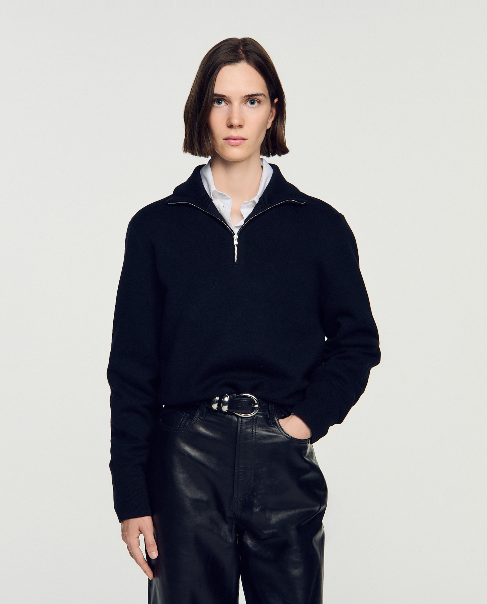 Jersey de hombre cuello alto con cremallera boxy de lana y algodón - Sandro - Negro Negro-2
