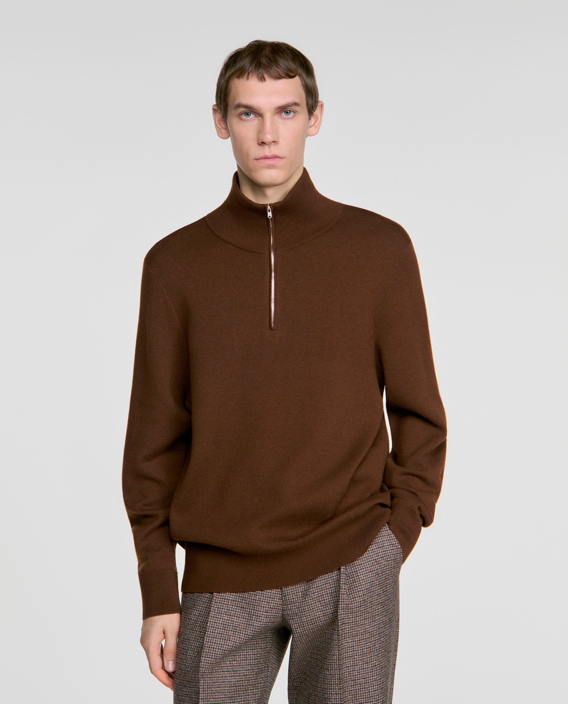 Jersey de hombre cuello alto con cremallera boxy de lana y algodón - Sandro - Marrón Marrón-1