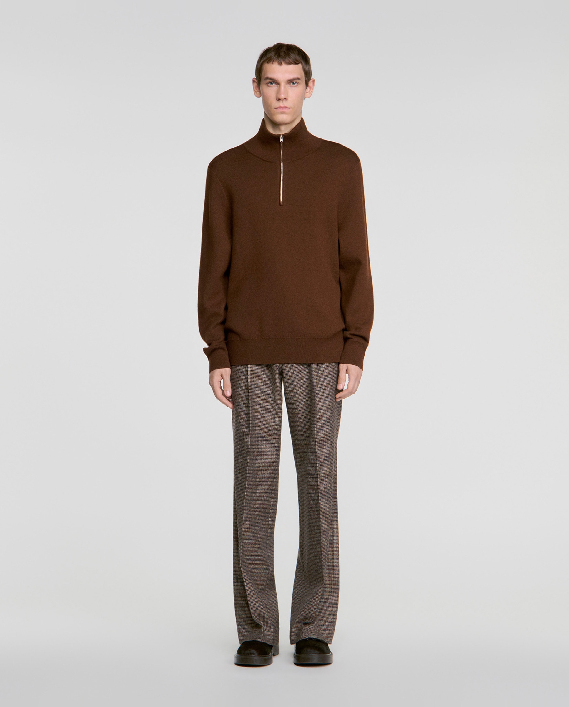 Jersey de hombre cuello alto con cremallera boxy de lana y algodón - Sandro - Marrón Marrón-3
