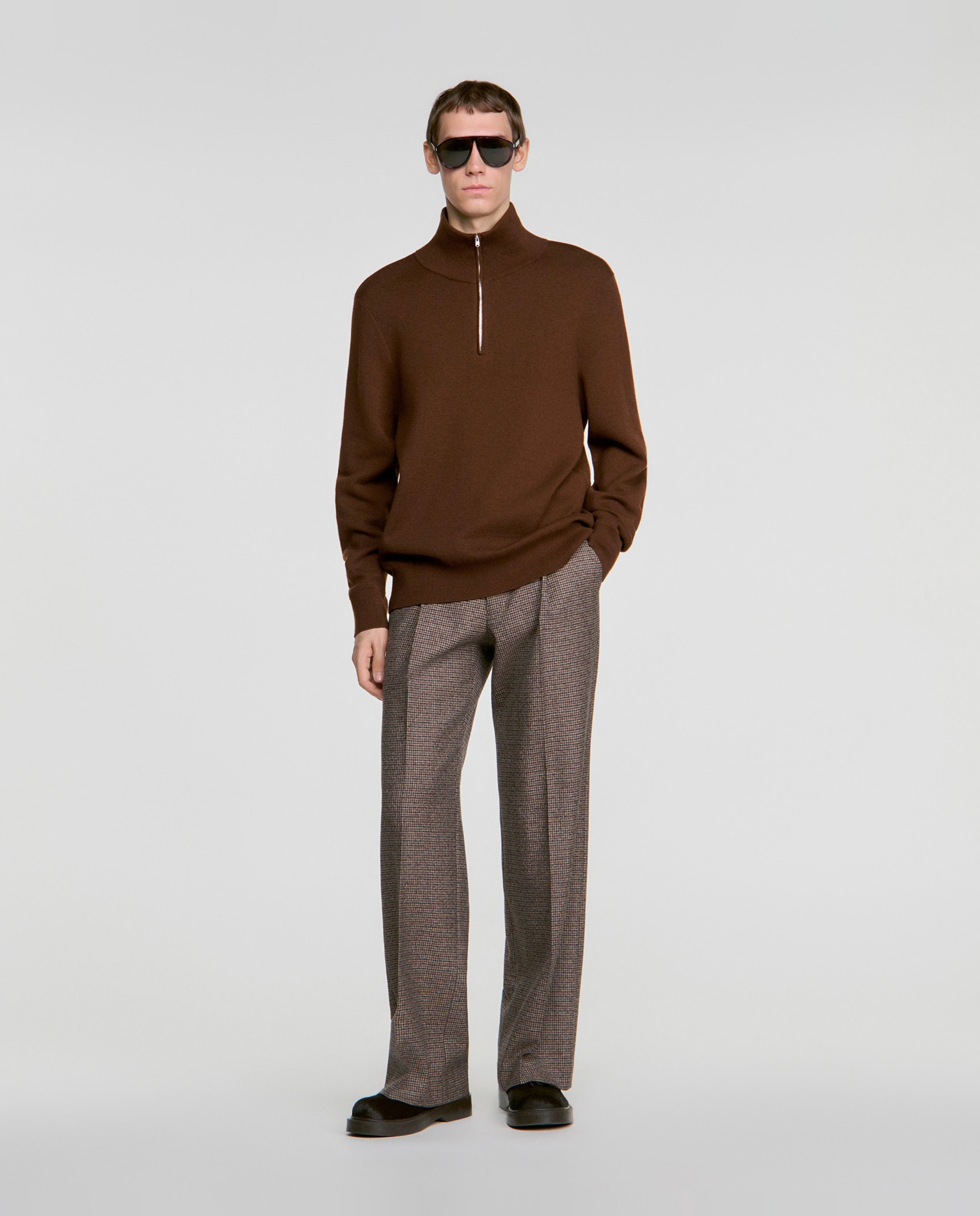 Jersey de hombre cuello alto con cremallera boxy de lana y algodón - Sandro - Marrón Marrón-5