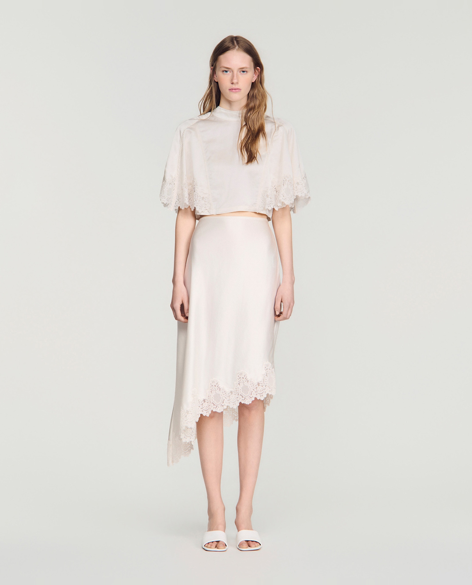 Falda midi asimétrica satinada con encaje - Sandro - Blanco Blanco-1