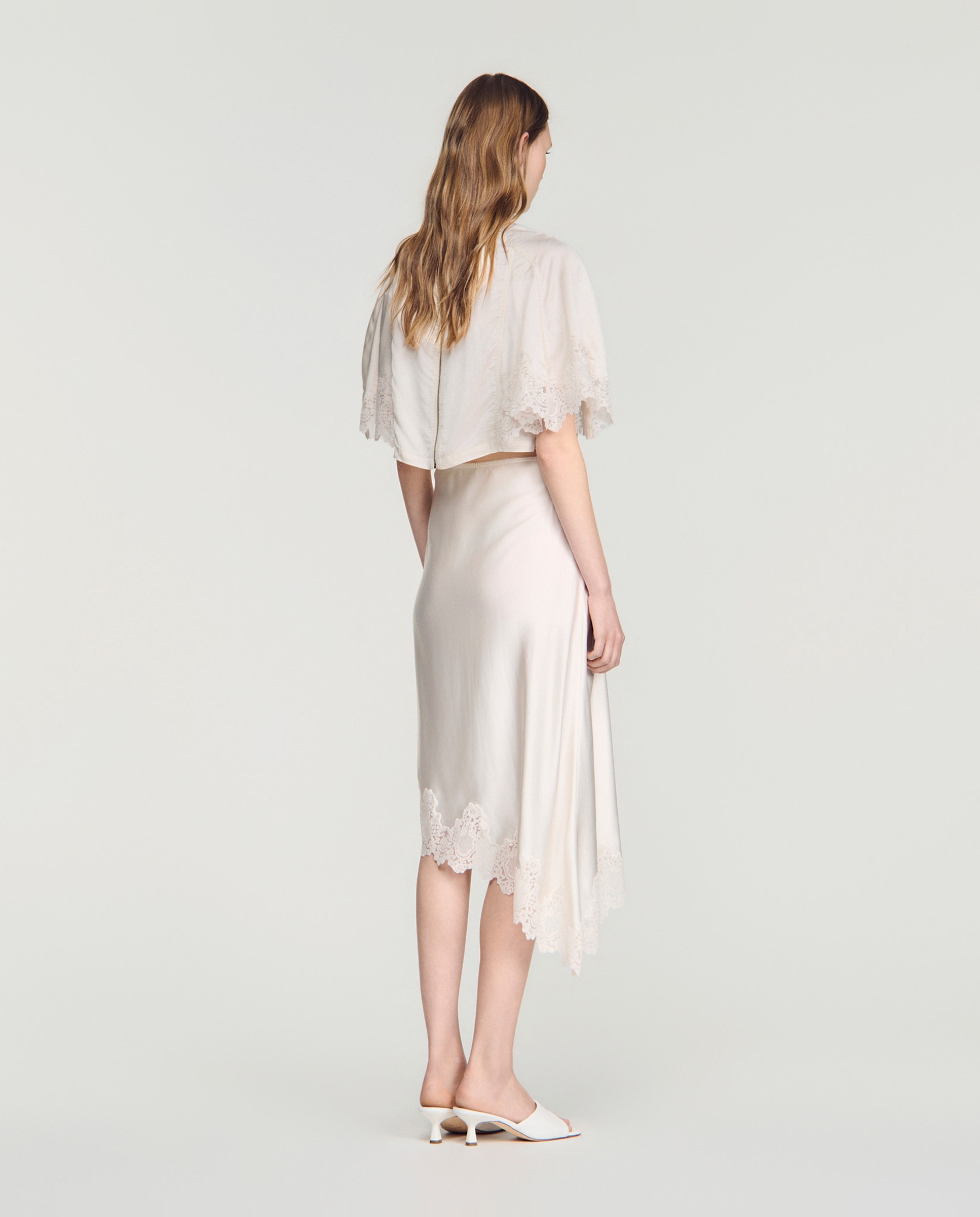 Falda midi asimétrica satinada con encaje - Sandro - Blanco Blanco-3