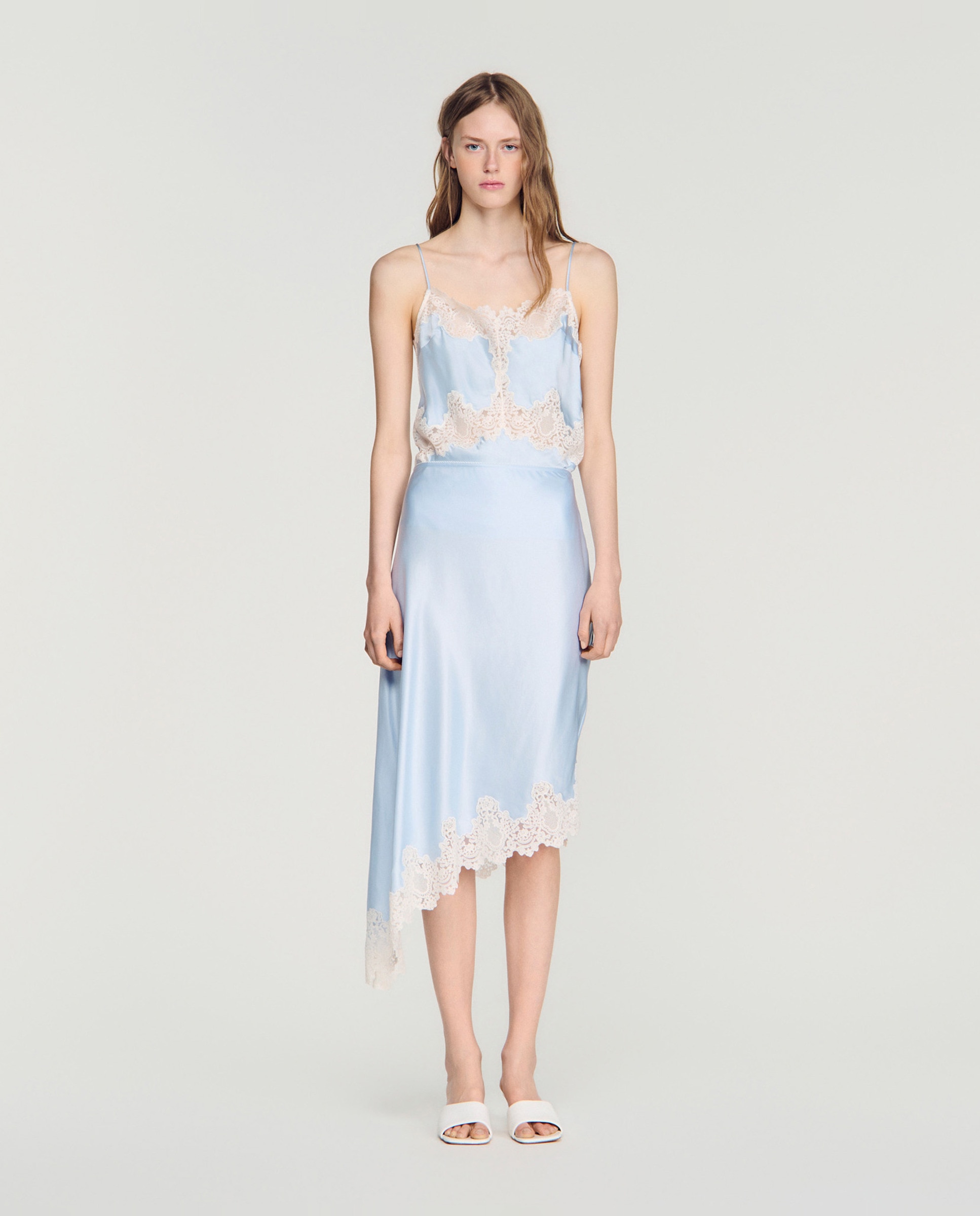 Falda midi asimétrica satinada con encaje - Sandro - Azul claro Azul claro-1