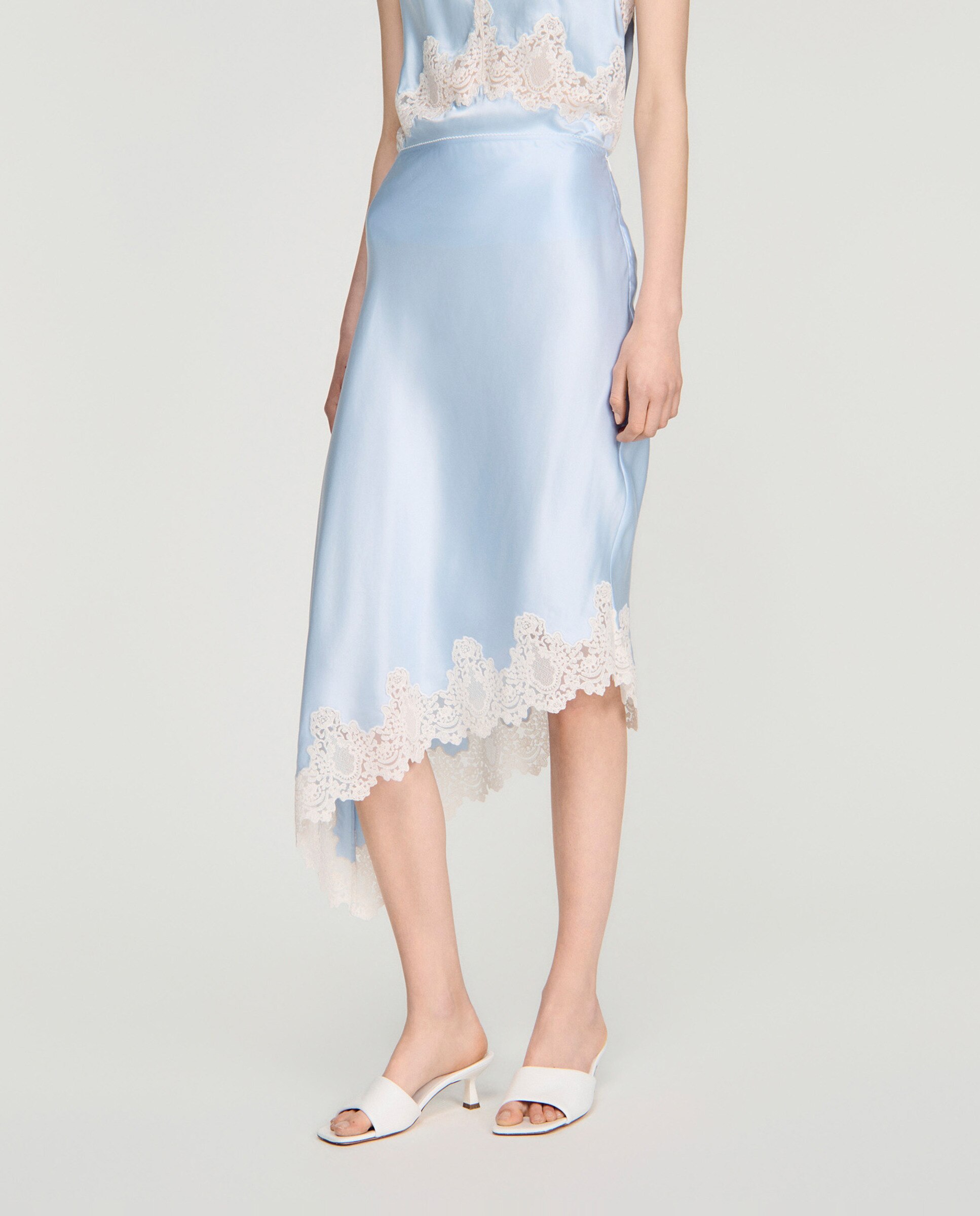 Falda midi asimétrica satinada con encaje - Sandro - Azul claro Azul claro-2