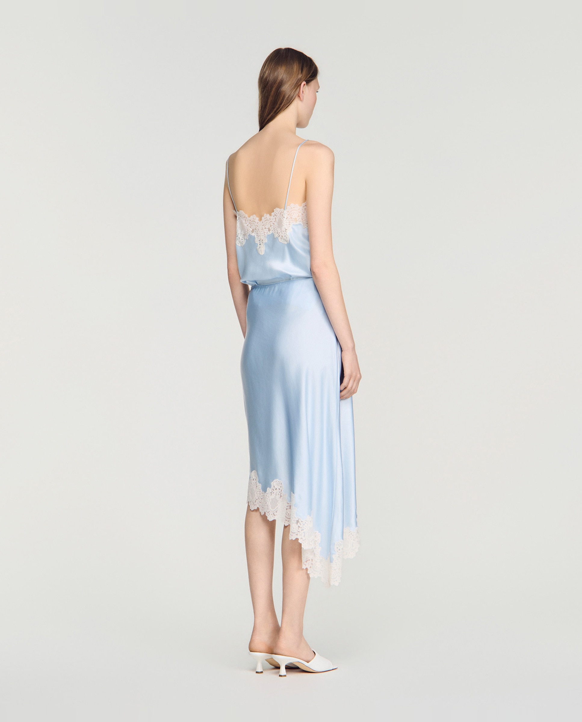 Falda midi asimétrica satinada con encaje - Sandro - Azul claro Azul claro-3