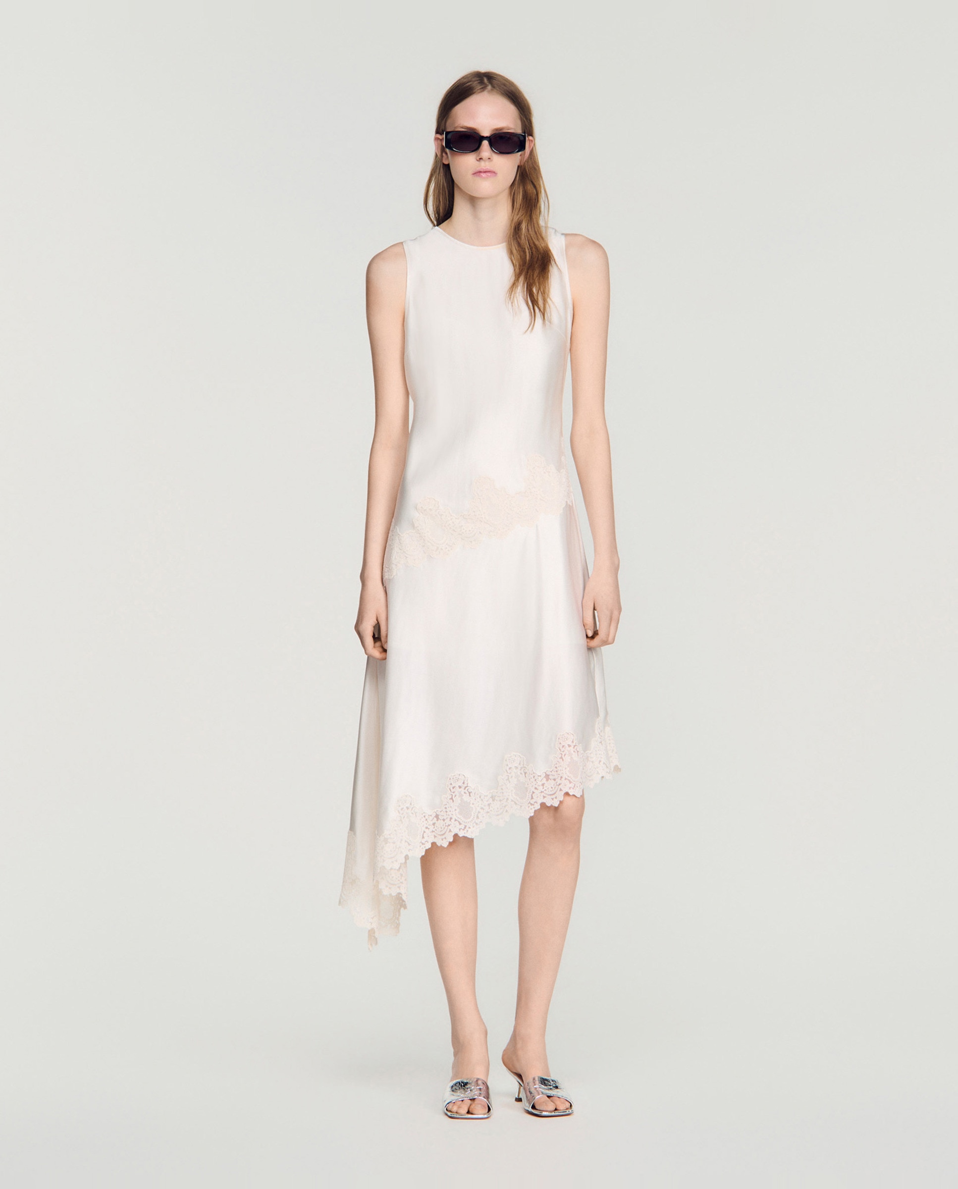 Vestido midi asimétrico satinado - Sandro - Blanco Blanco-4