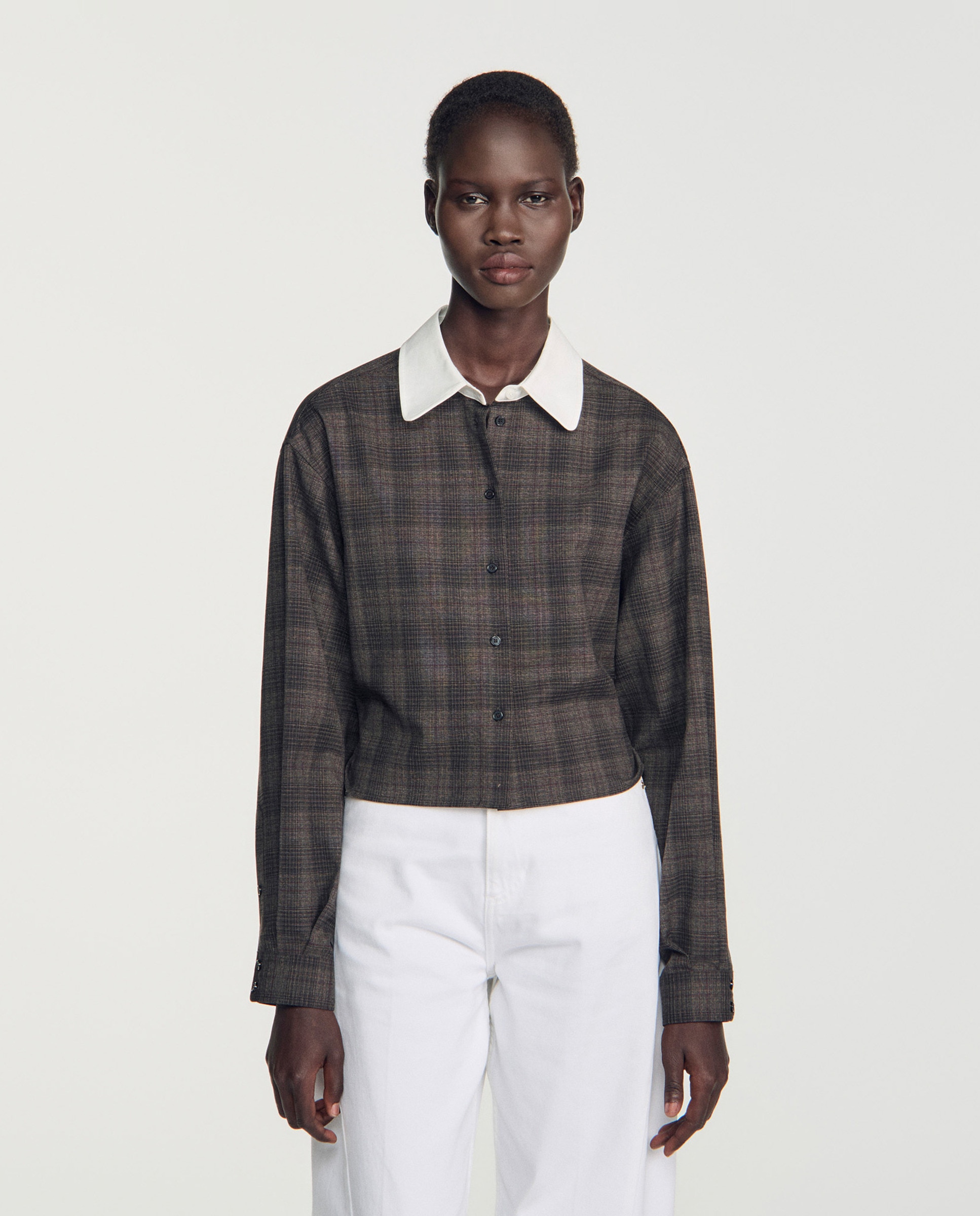 Camisa de mujer de cuadros y cuello contraste - Sandro - Gris oscuro Gris oscuro-1