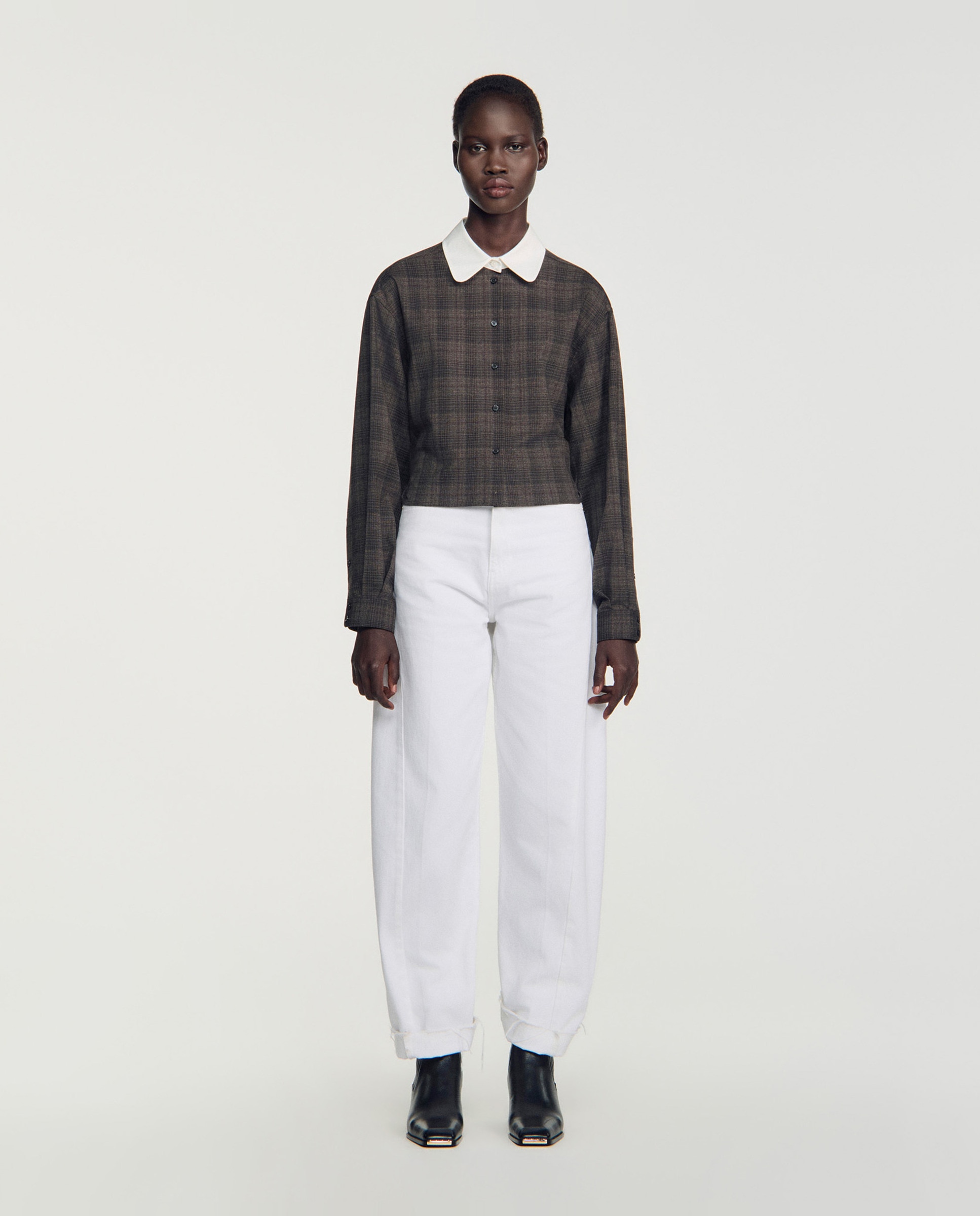 Camisa de mujer de cuadros y cuello contraste - Sandro - Gris oscuro Gris oscuro-3