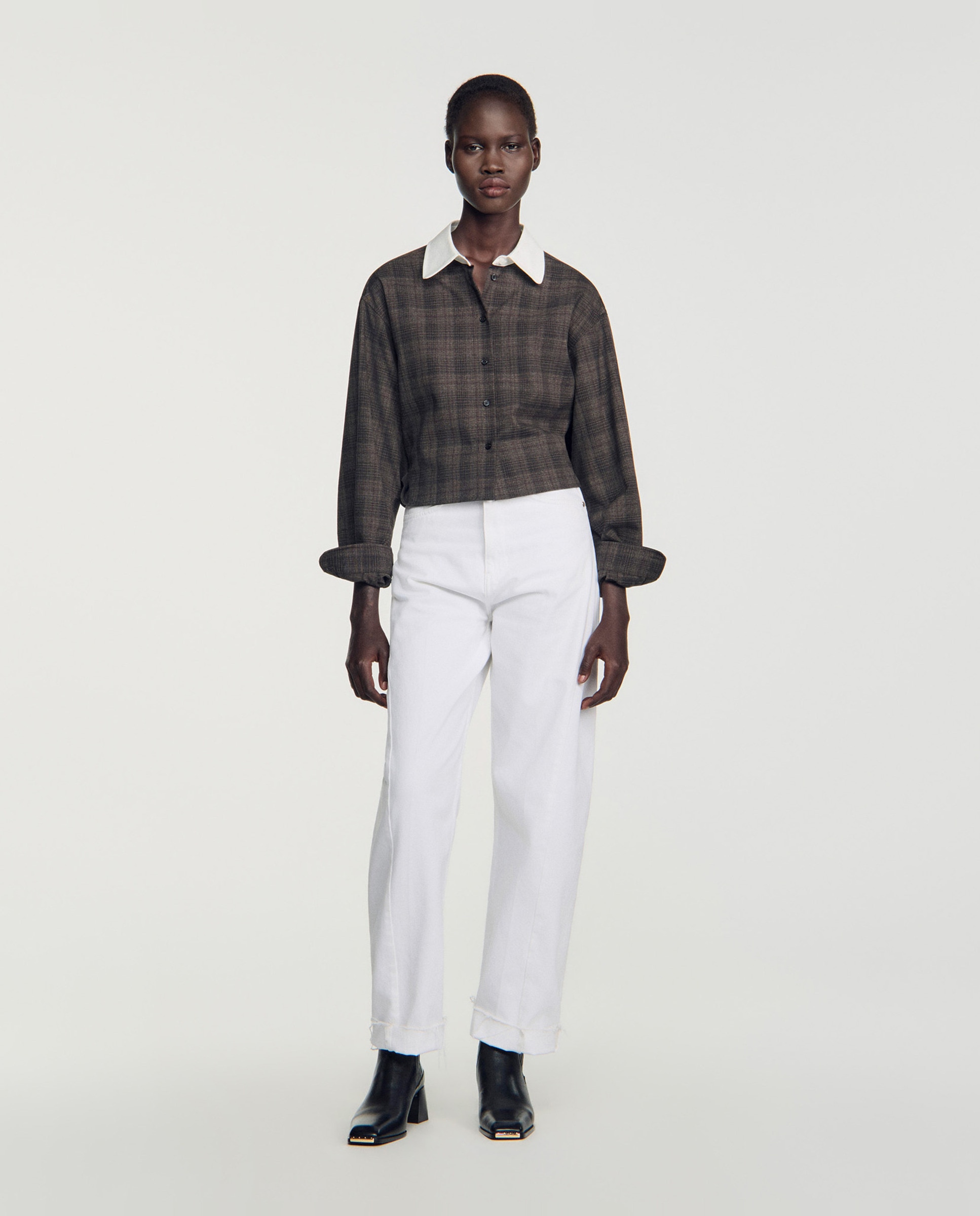 Camisa de mujer de cuadros y cuello contraste - Sandro - Gris oscuro Gris oscuro-5