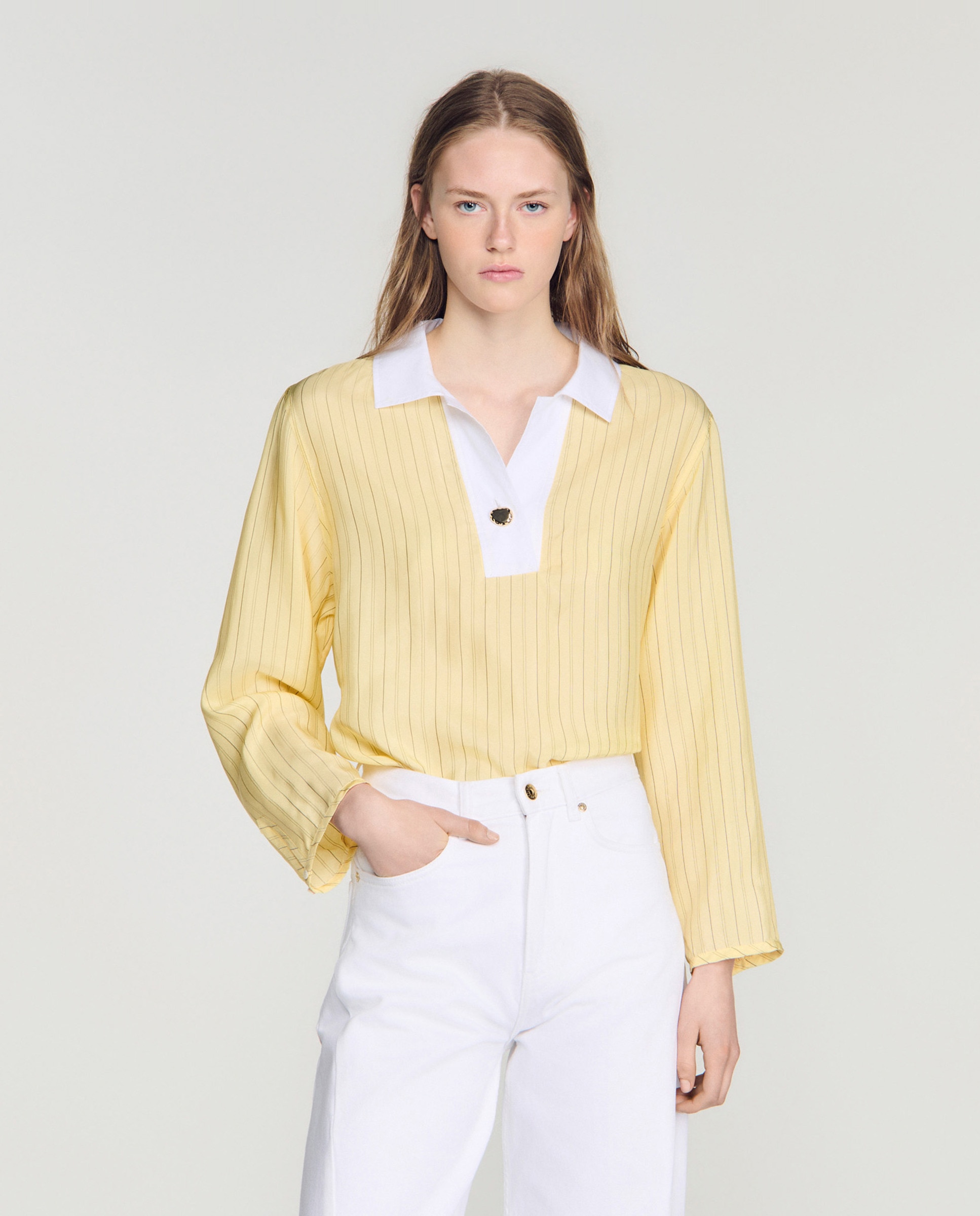 Top de mujer a rayas de manga larga 100% algodón - Sandro - Amarillo Amarillo-1