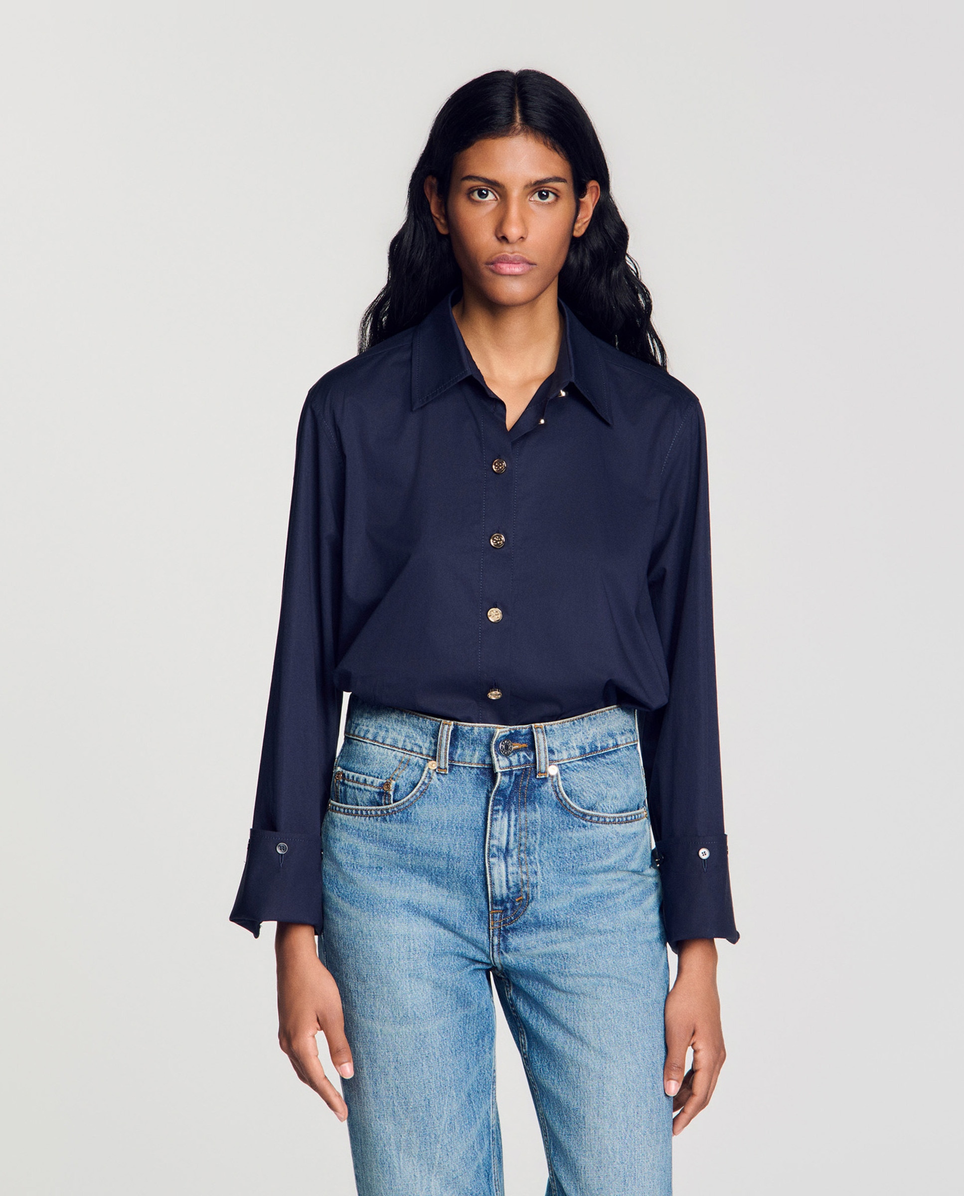 Camisa de mujer 100% algodón de corte recto y puños anchos - Sandro - Azul marino Azul marino-1