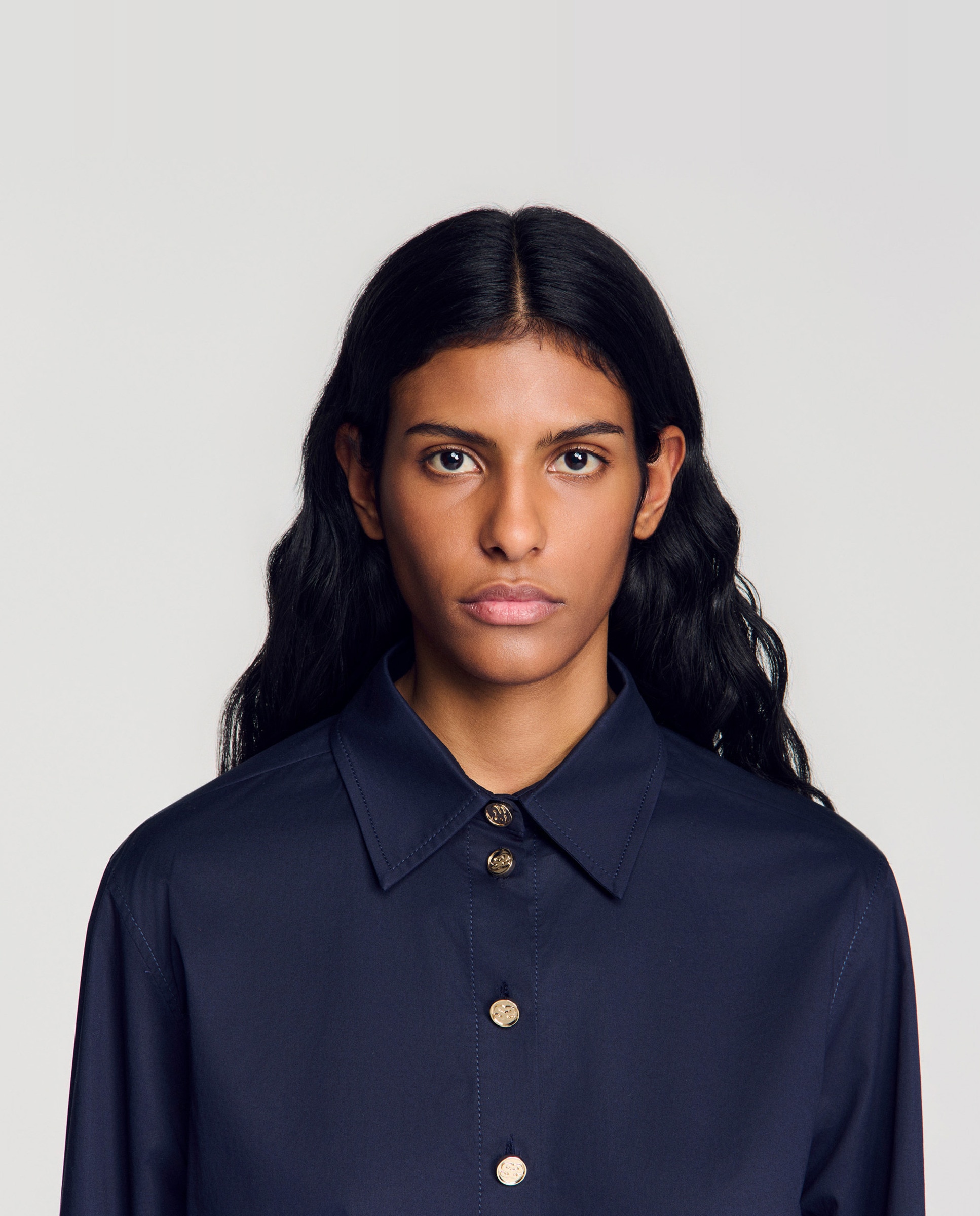 Camisa de mujer 100% algodón de corte recto y puños anchos - Sandro - Azul marino Azul marino-6