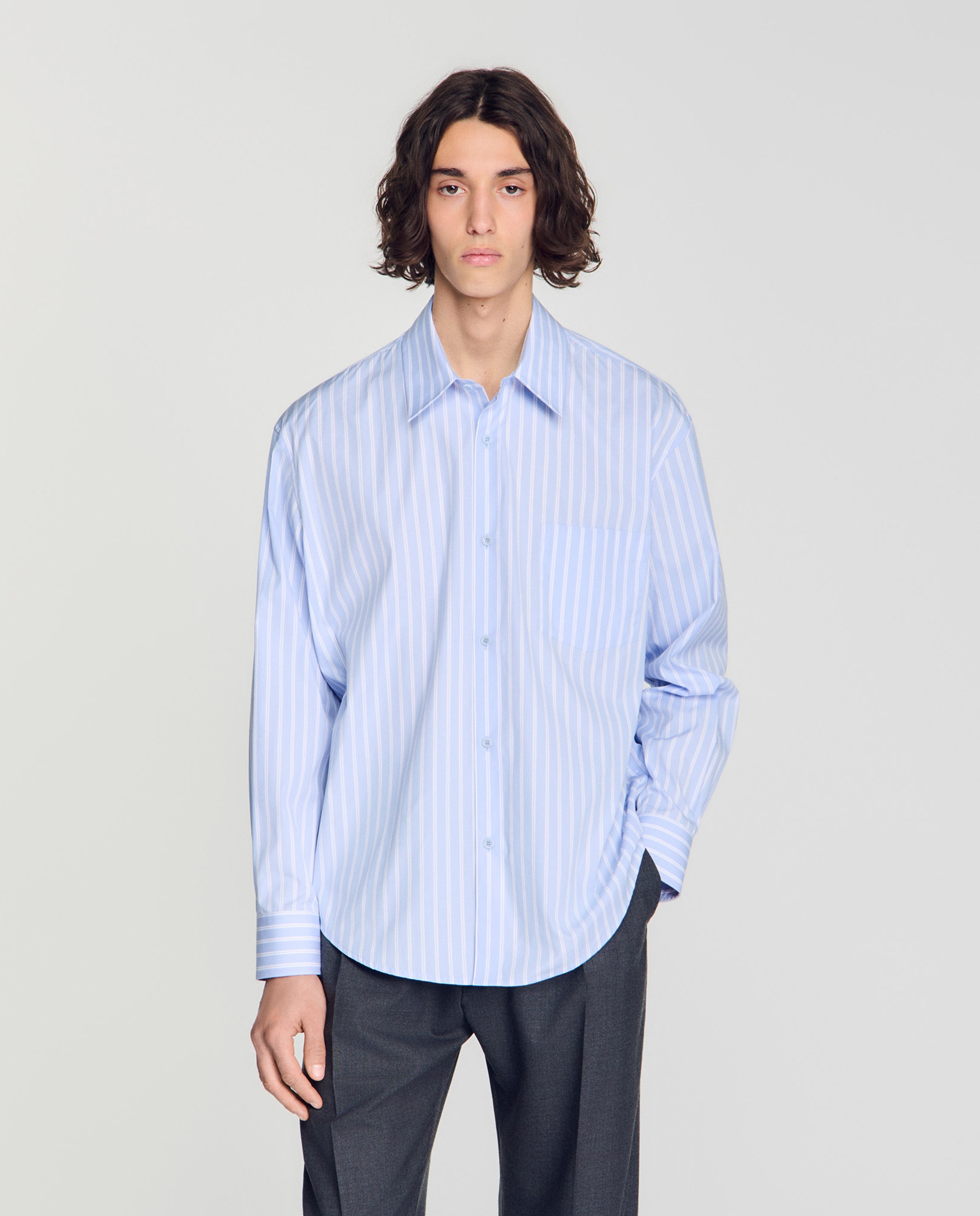 Camisa de hombre algodón rayada corte evasé manga larga - Sandro - Azul / Blanco Azul / Blanco-1