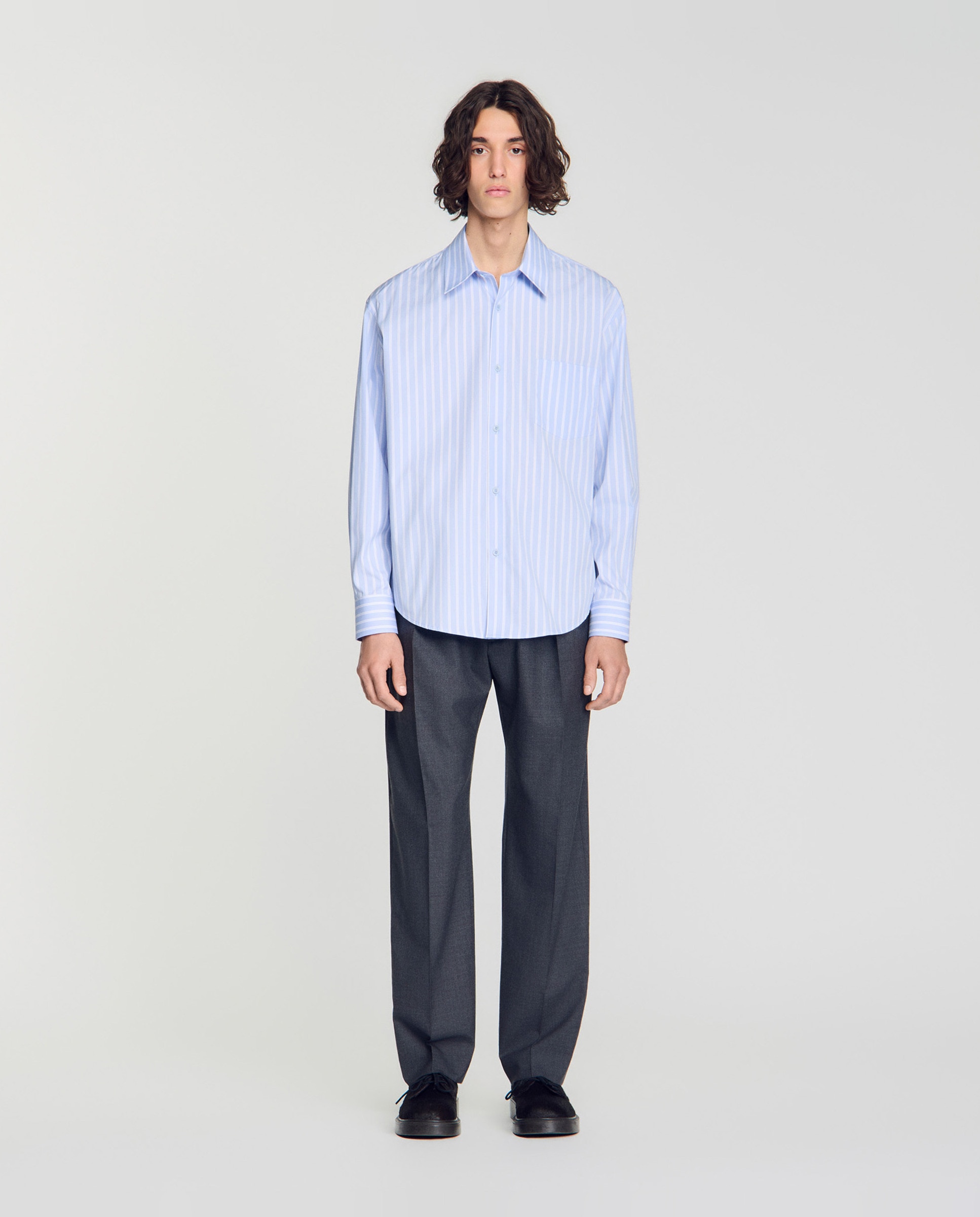 Camisa de hombre algodón rayada corte evasé manga larga - Sandro - Azul / Blanco Azul / Blanco-3
