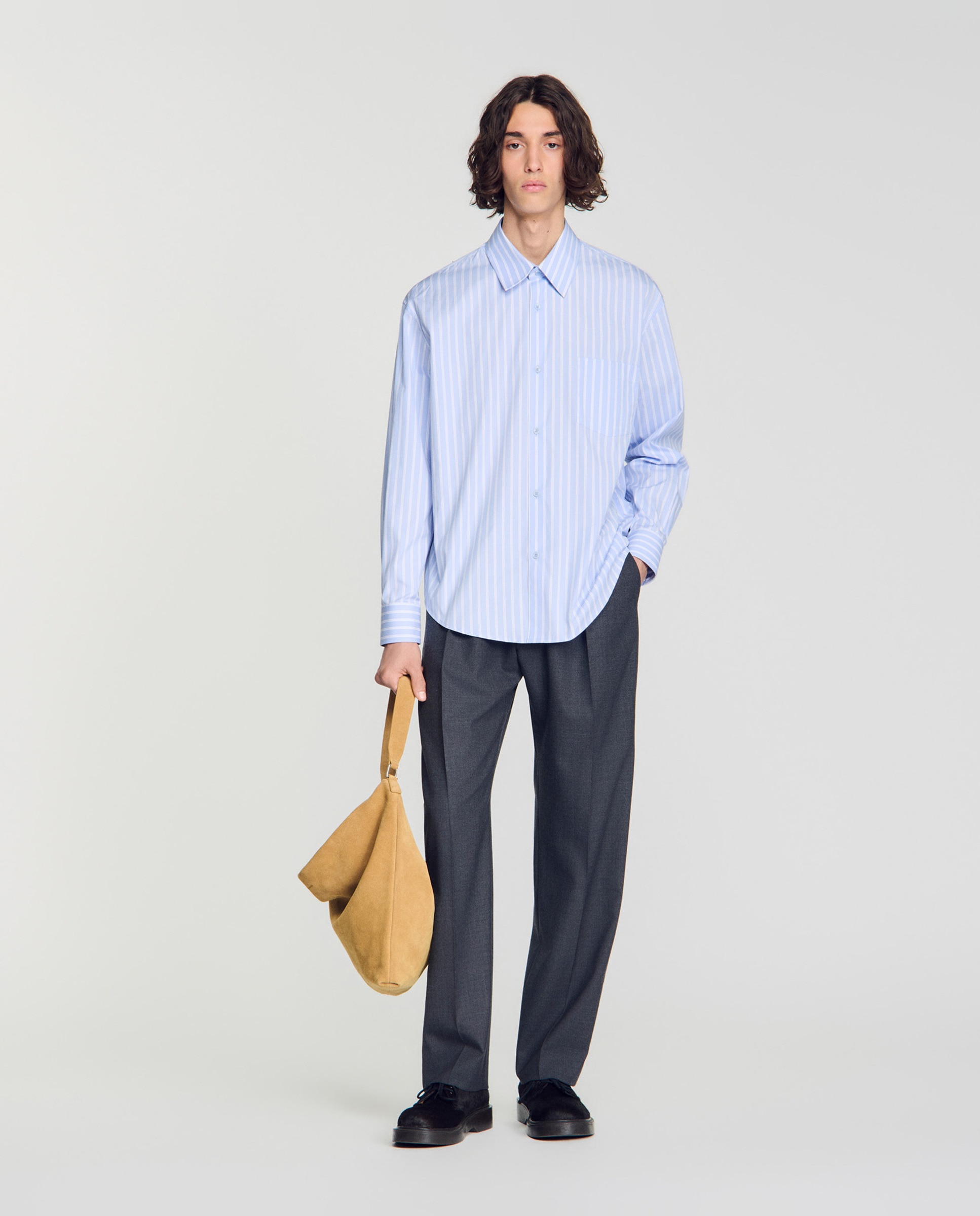 Camisa de hombre algodón rayada corte evasé manga larga - Sandro - Azul / Blanco Azul / Blanco-4