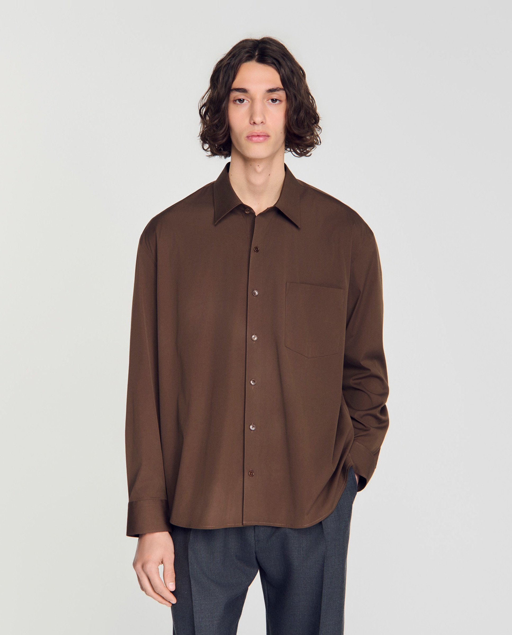 Camisa de hombre oversize con algodón y manga larga - Sandro - Marrón Marrón-1