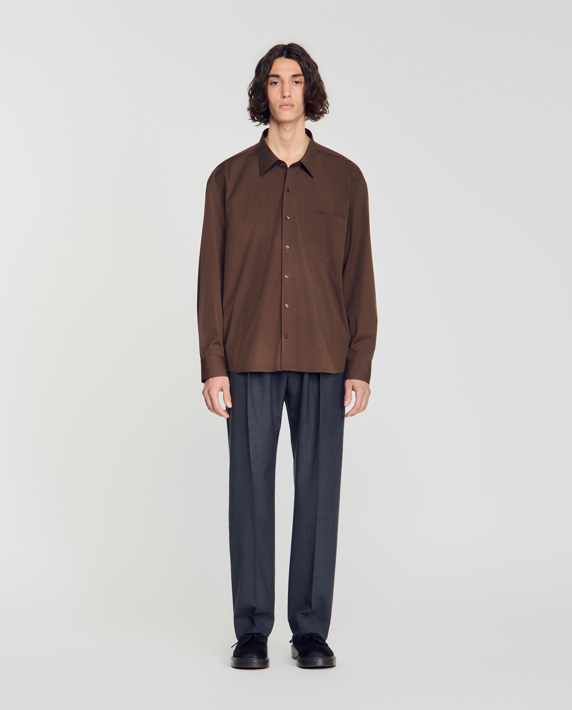 Camisa de hombre oversize con algodón y manga larga - Sandro - Marrón Marrón-3