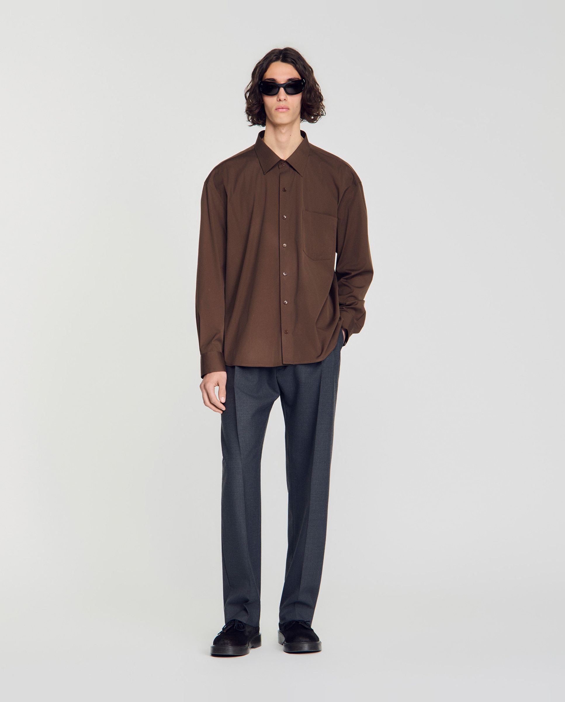 Camisa de hombre oversize con algodón y manga larga - Sandro - Marrón Marrón-4