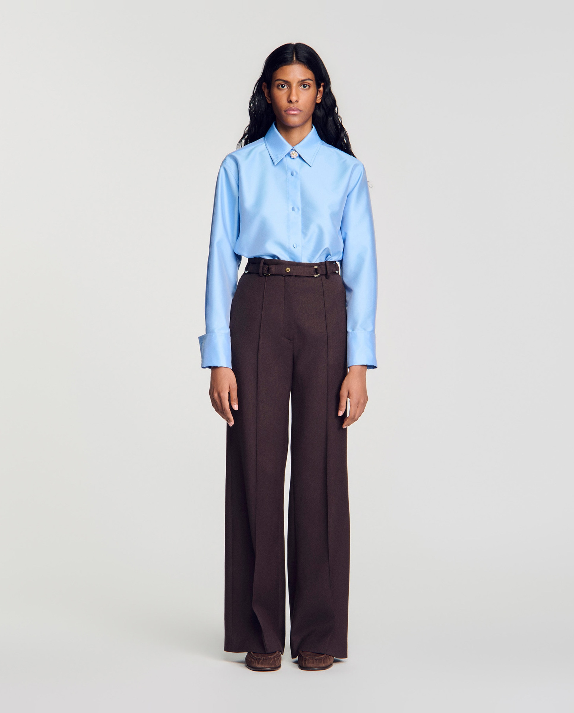 Pantalones anchos de mujer con lana y anillas metálicas - Sandro - Marrón Marrón-1