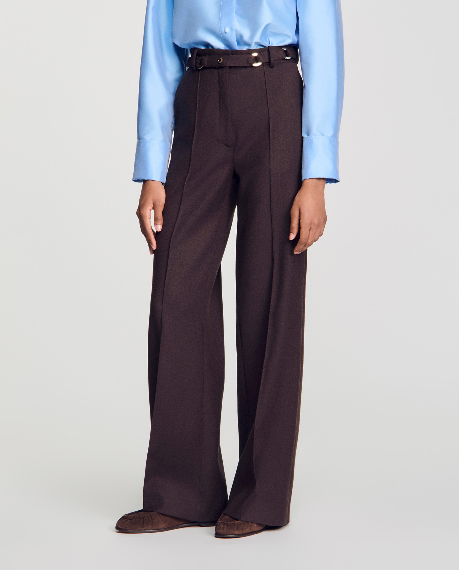 Pantalones anchos de mujer con lana y anillas metálicas - Sandro - Marrón Marrón-2