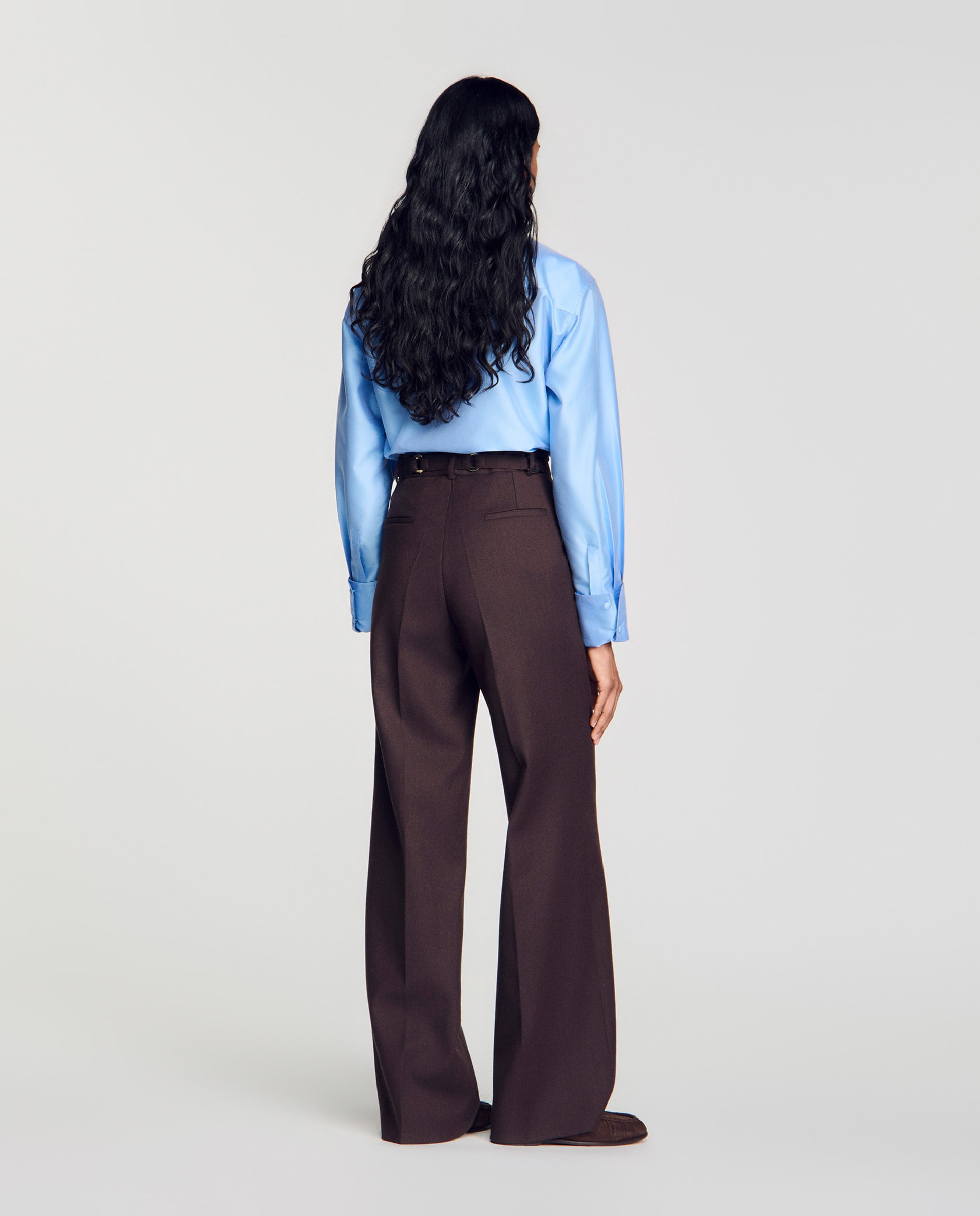 Pantalones anchos de mujer con lana y anillas metálicas - Sandro - Marrón Marrón-3