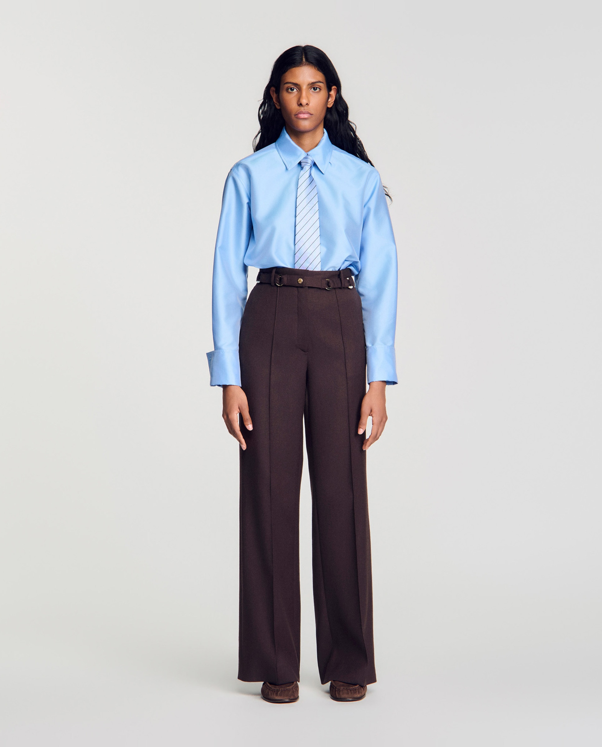 Pantalones anchos de mujer con lana y anillas metálicas - Sandro - Marrón Marrón-5