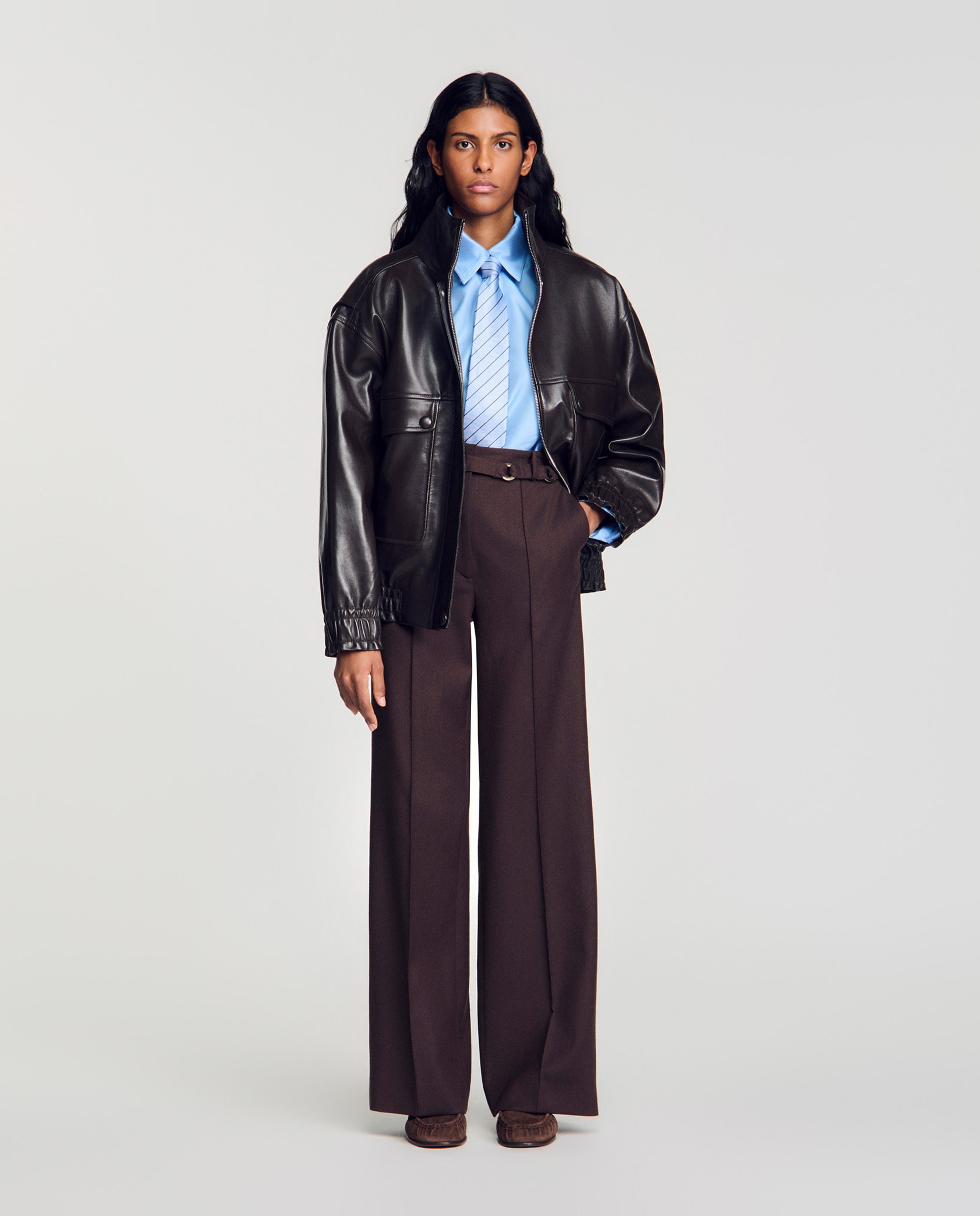 Pantalones anchos de mujer con lana y anillas metálicas - Sandro - Marrón Marrón-6