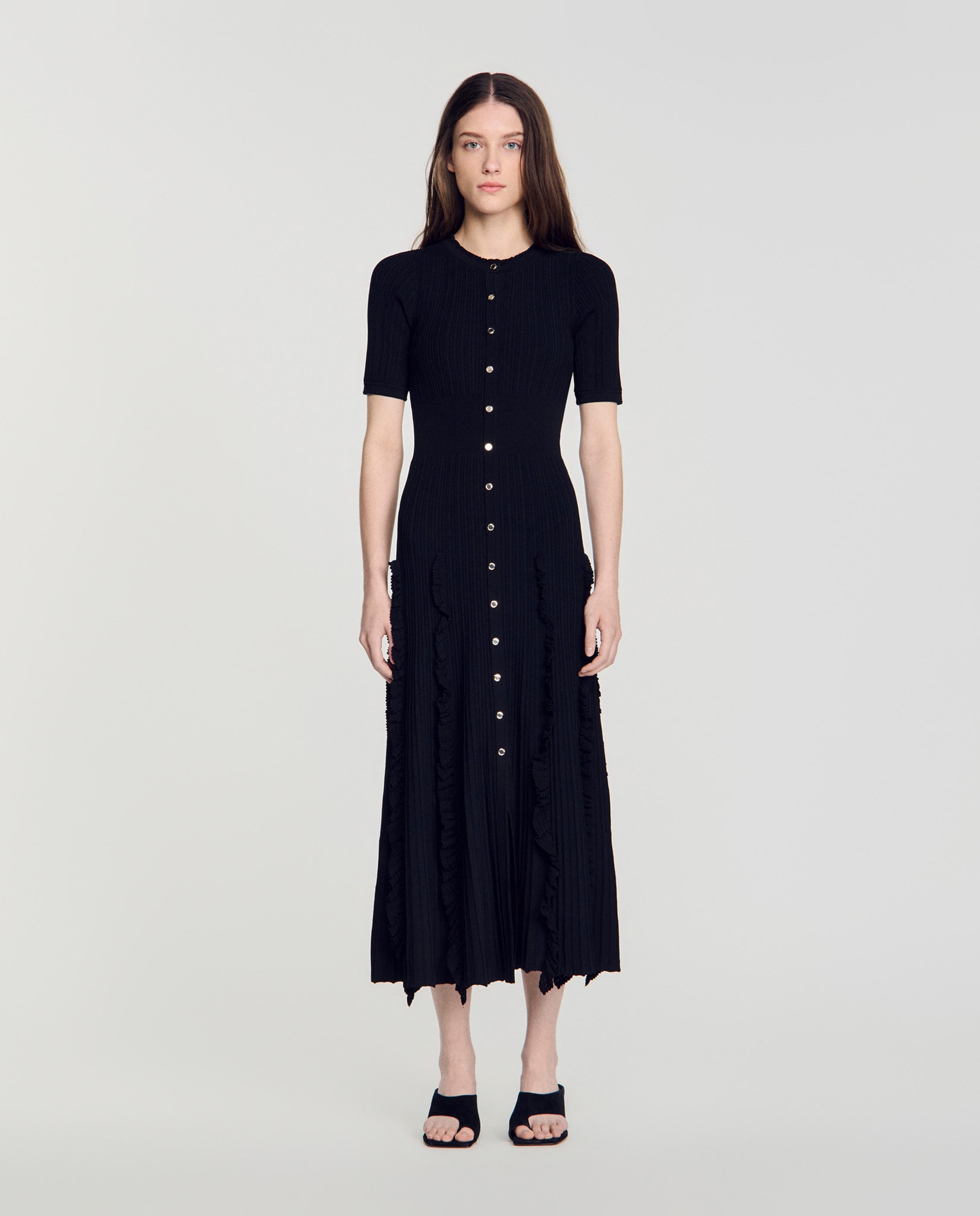 Vestido largo de punto con volantes - Sandro - Negro Negro-1