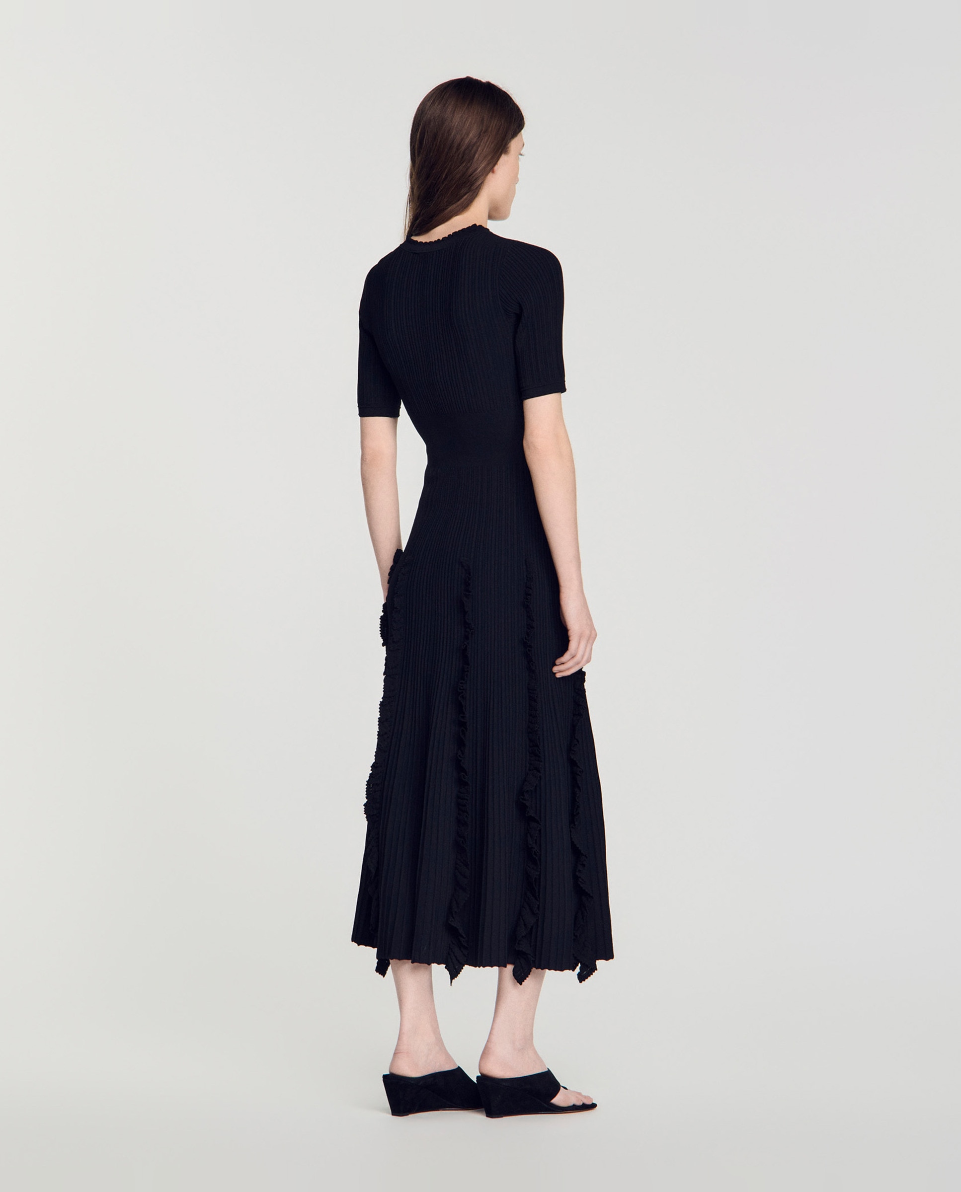 Vestido largo de punto con volantes - Sandro - Negro Negro-2