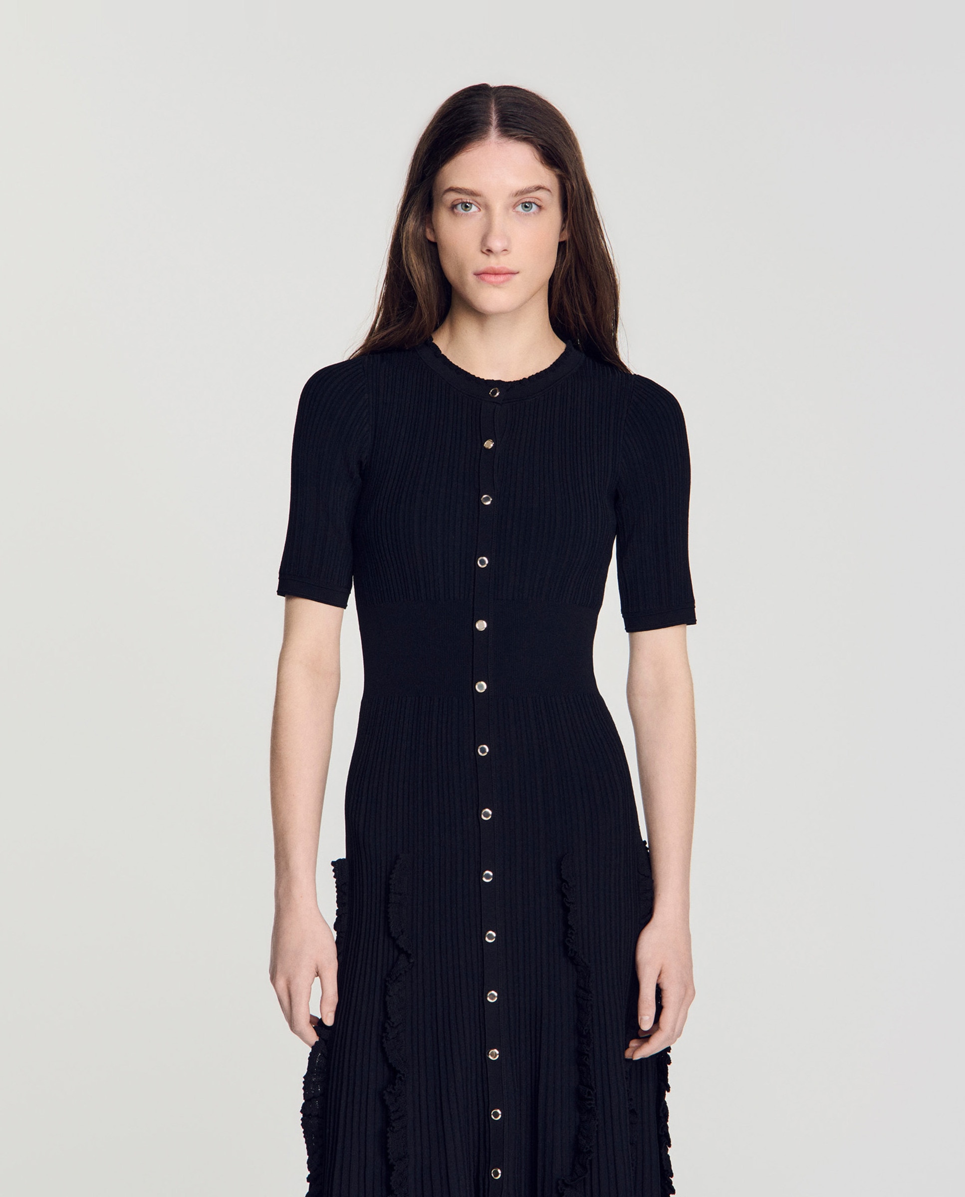Vestido largo de punto con volantes - Sandro - Negro Negro-3