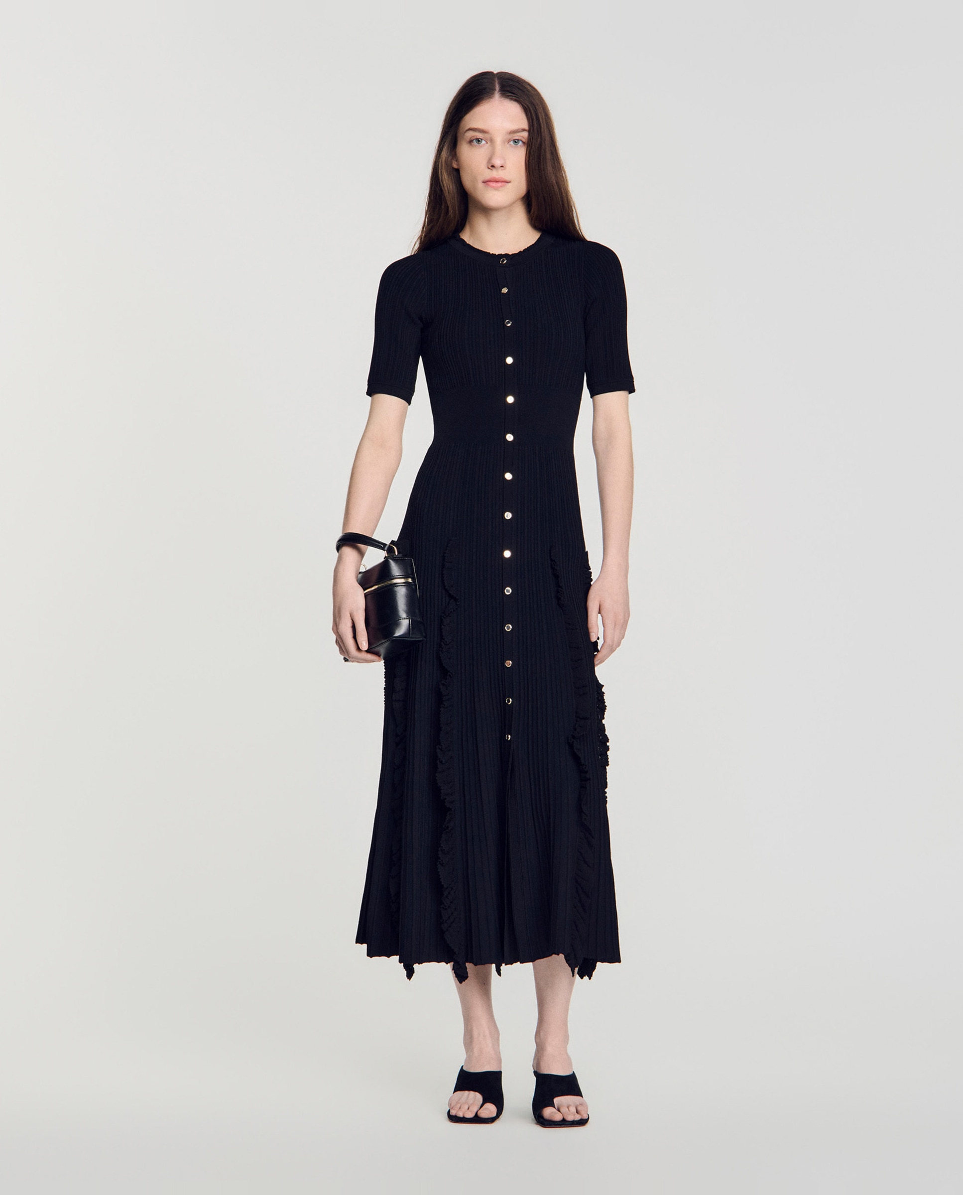 Vestido largo de punto con volantes - Sandro - Negro Negro-5