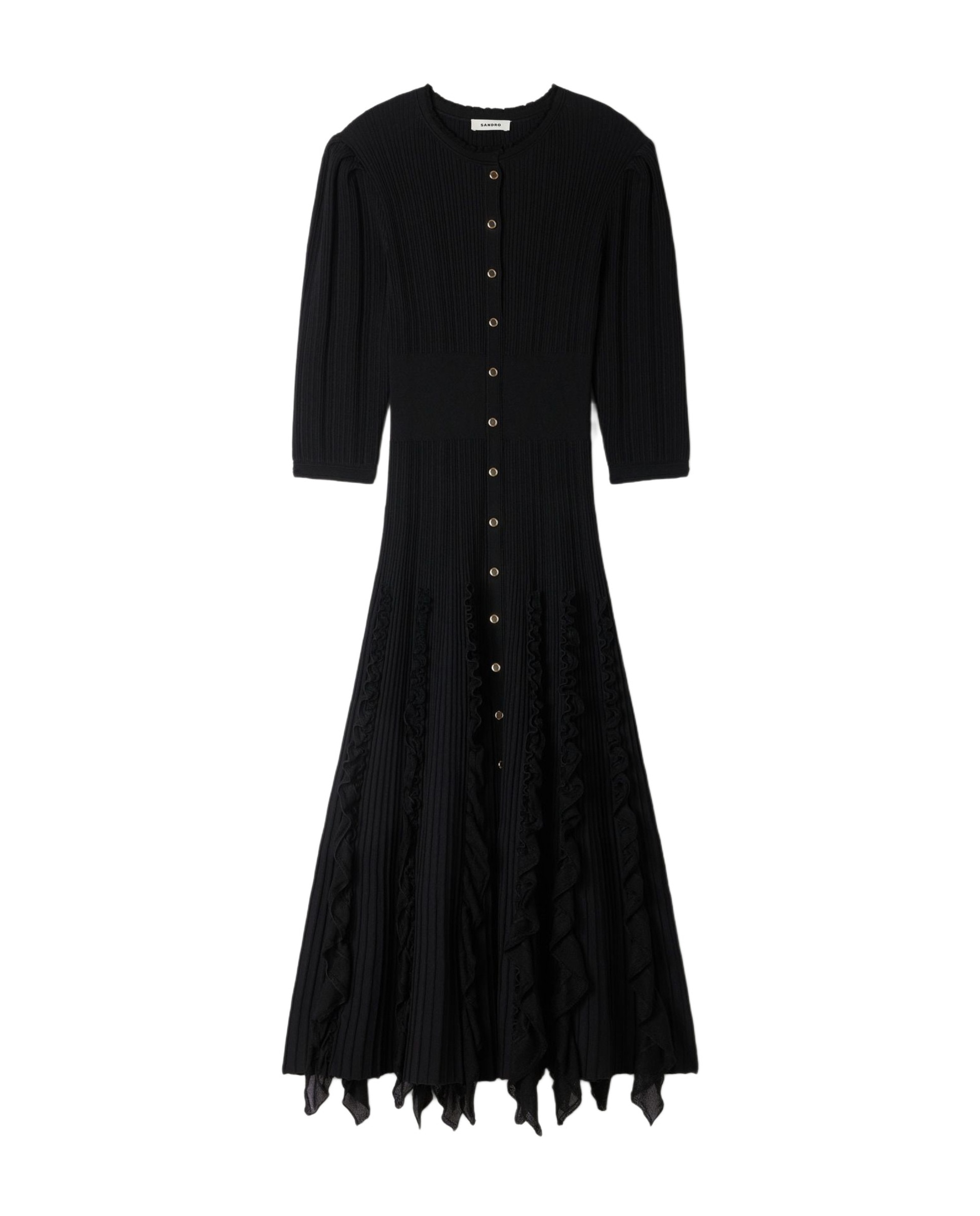 Vestido largo de punto con volantes - Sandro - Negro Negro-6