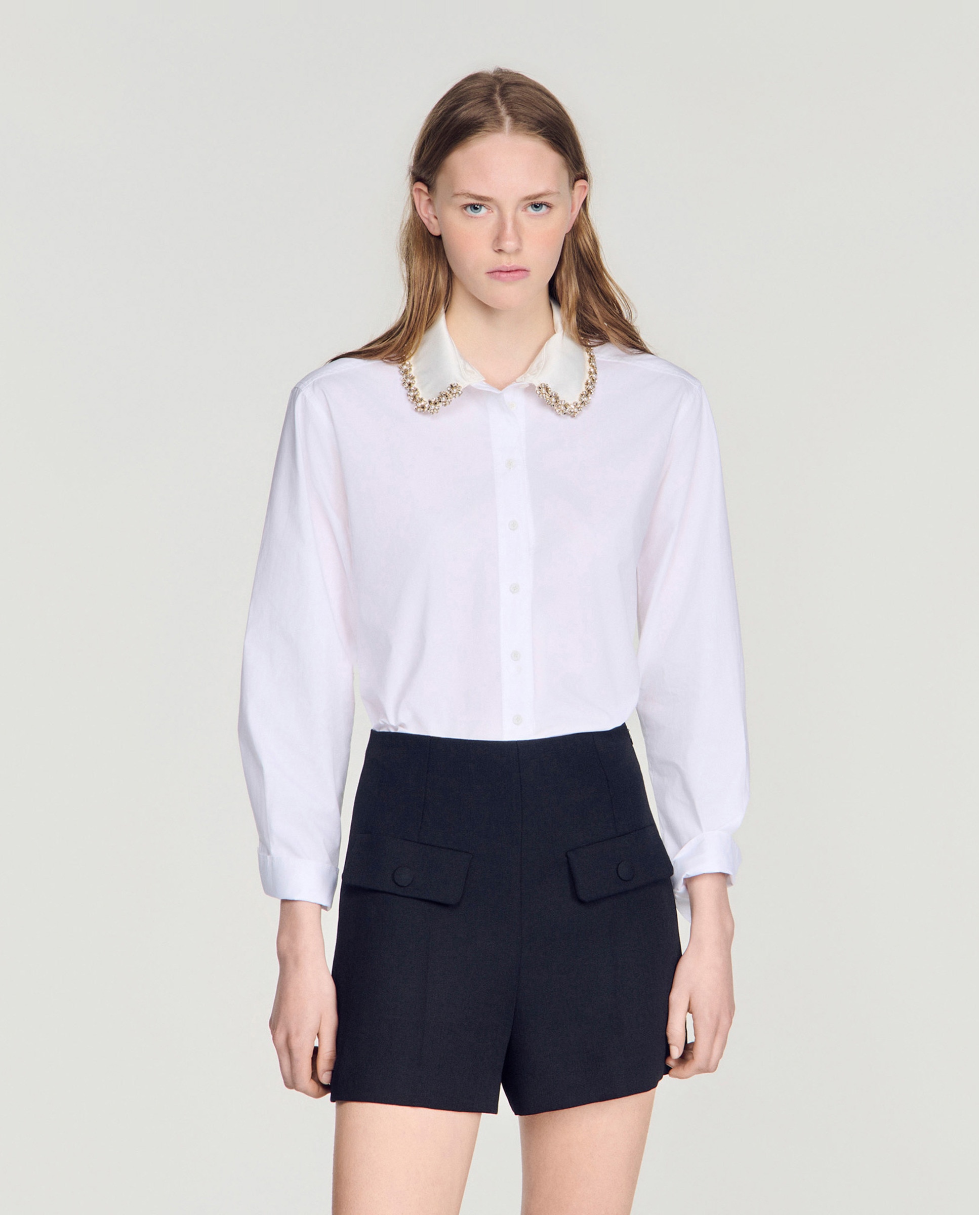 Camisa de mujer con cuello joya extraíble y manga larga 100% algodón - Sandro - Blanco Blanco-1
