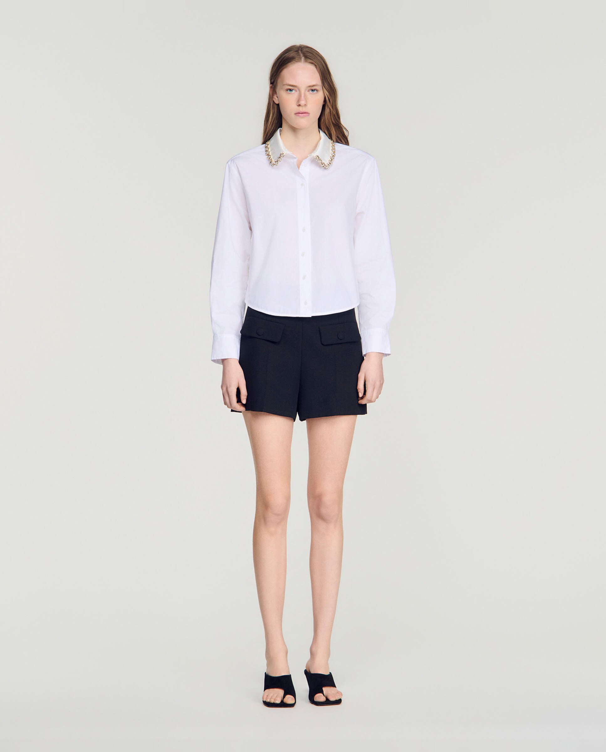 Camisa de mujer con cuello joya extraíble y manga larga 100% algodón - Sandro - Blanco Blanco-3