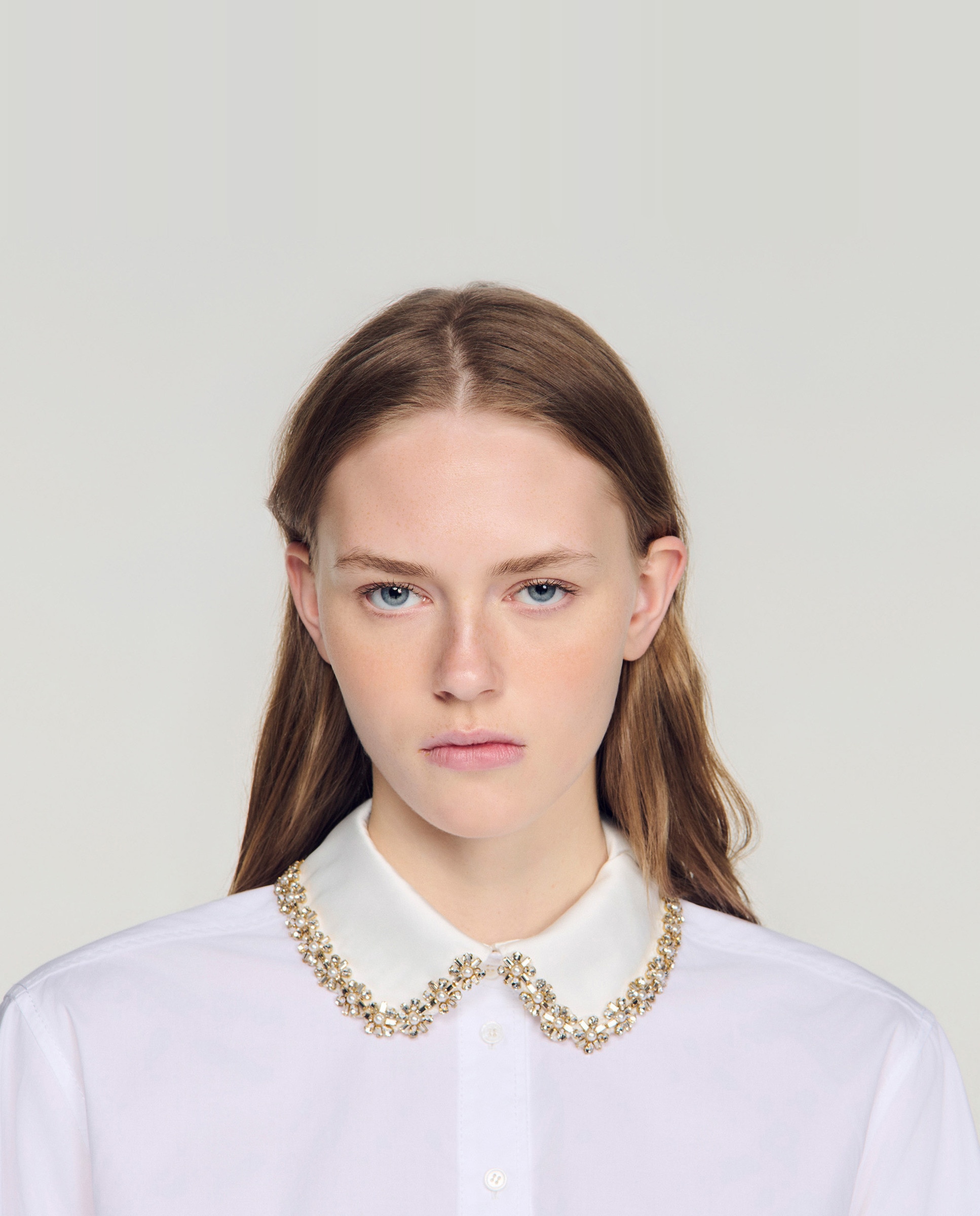 Camisa de mujer con cuello joya extraíble y manga larga 100% algodón - Sandro - Blanco Blanco-5