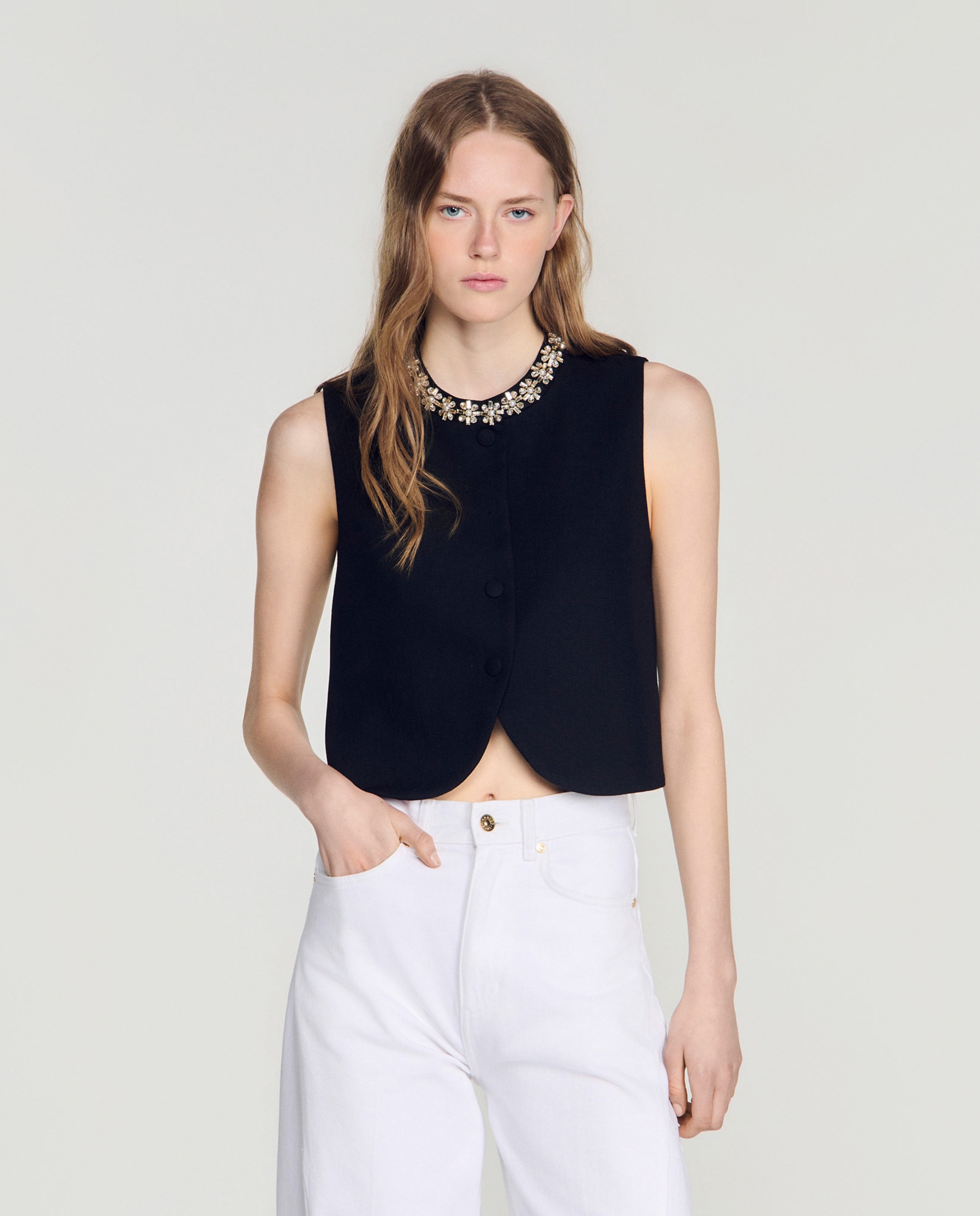 Chaleco corto de mujer con cuello joya 100% lana - Sandro - Negro Negro-1