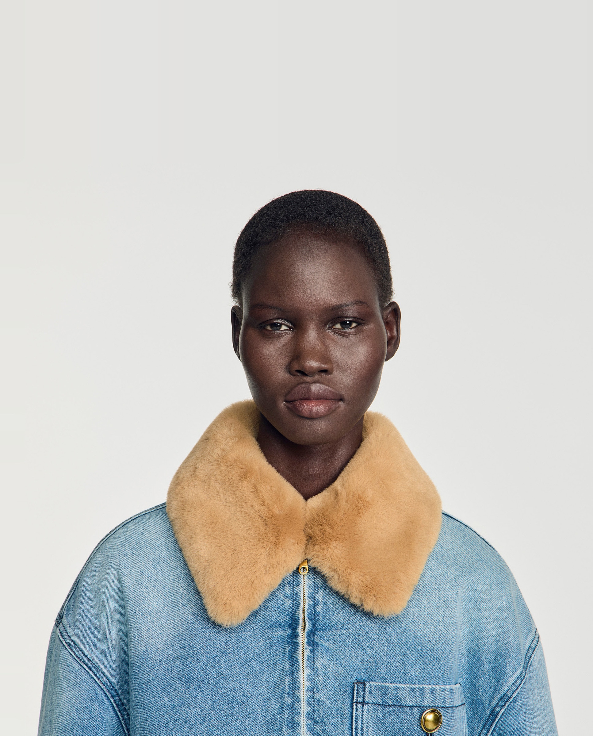 Cazadora de mujer vaquera 100% algodón con cuello de pelo sintético - Sandro - Azul Azul-5
