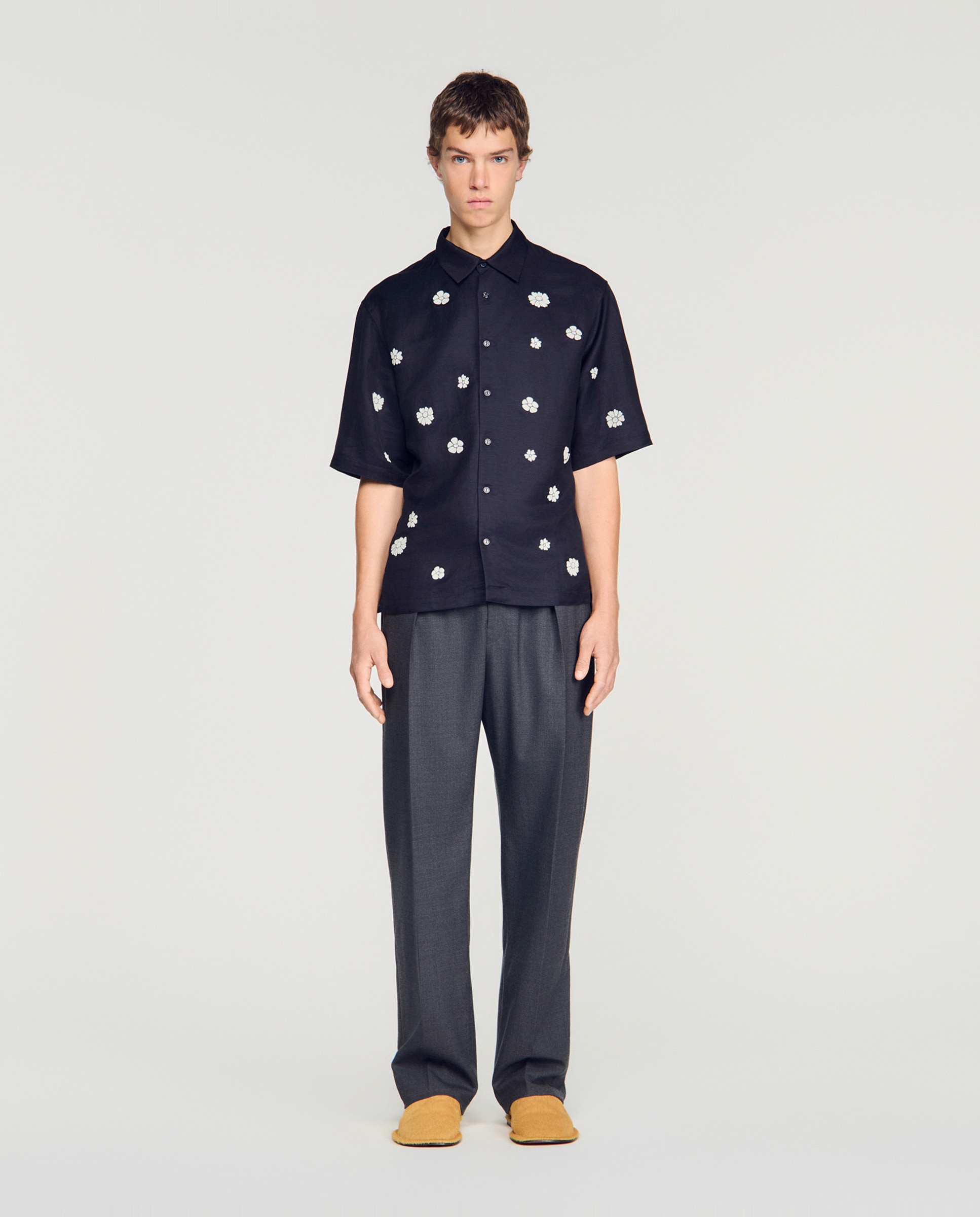 Camisa de hombre corte fluido manga corta estampado floral flocado - Sandro - Azul marino Azul marino-3