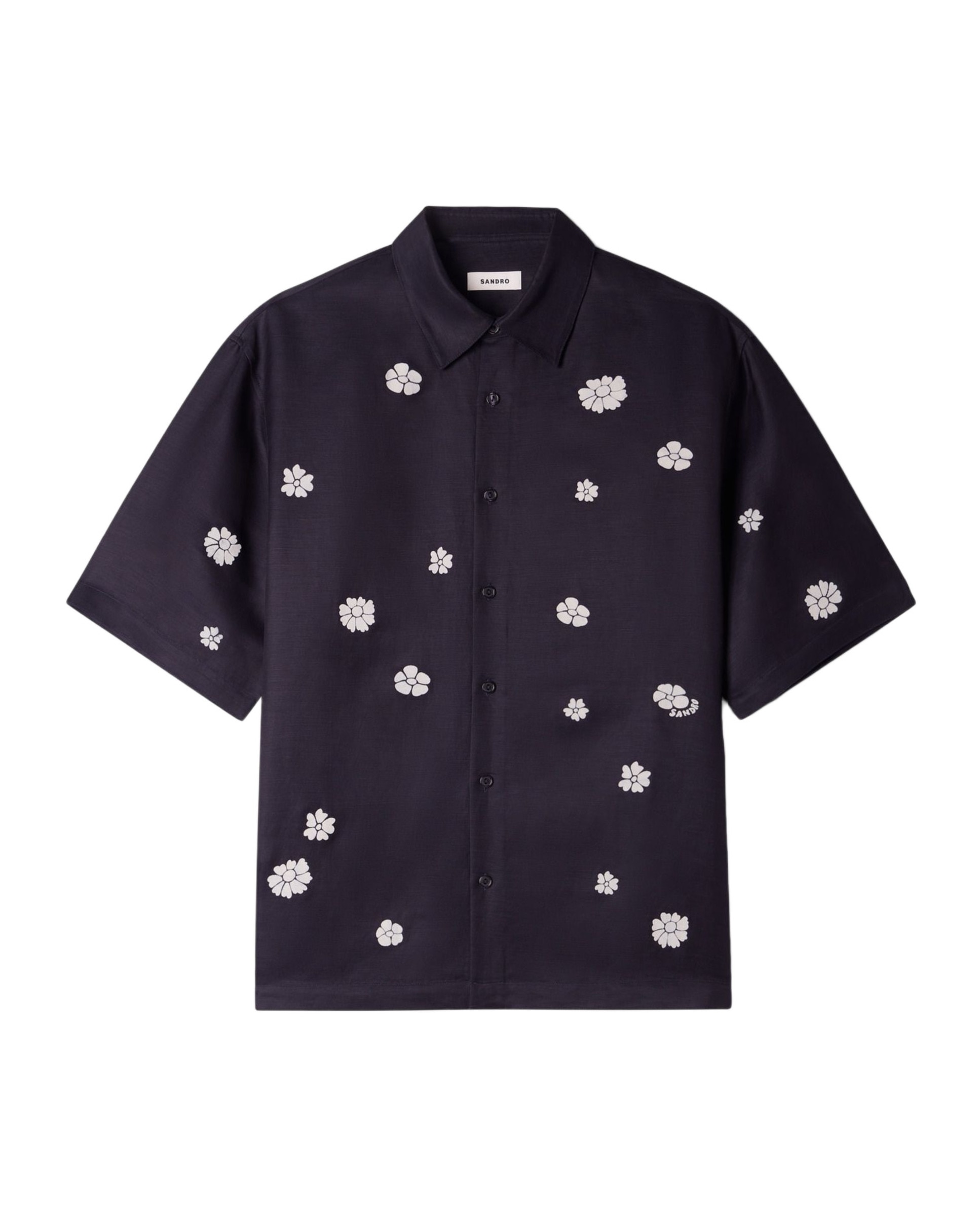 Camisa de hombre corte fluido manga corta estampado floral flocado - Sandro - Azul marino Azul marino-6