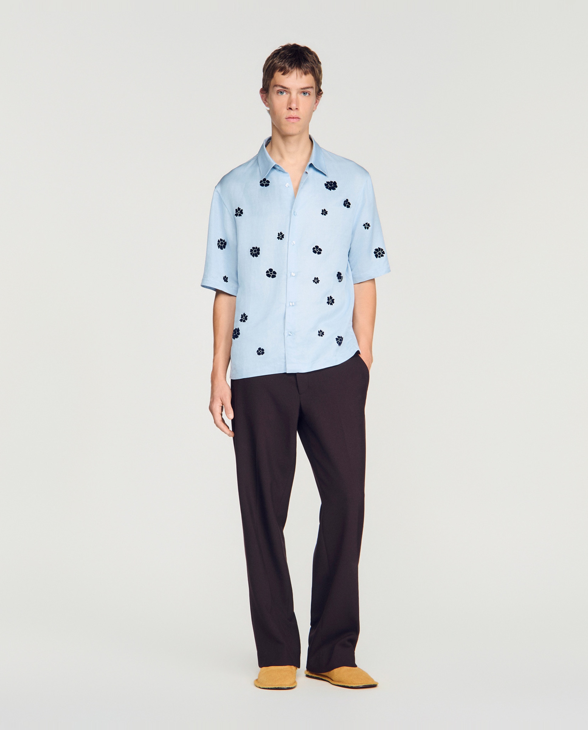 Camisa de hombre corte fluido manga corta estampado floral flocado - Sandro - Azul claro Azul claro-3