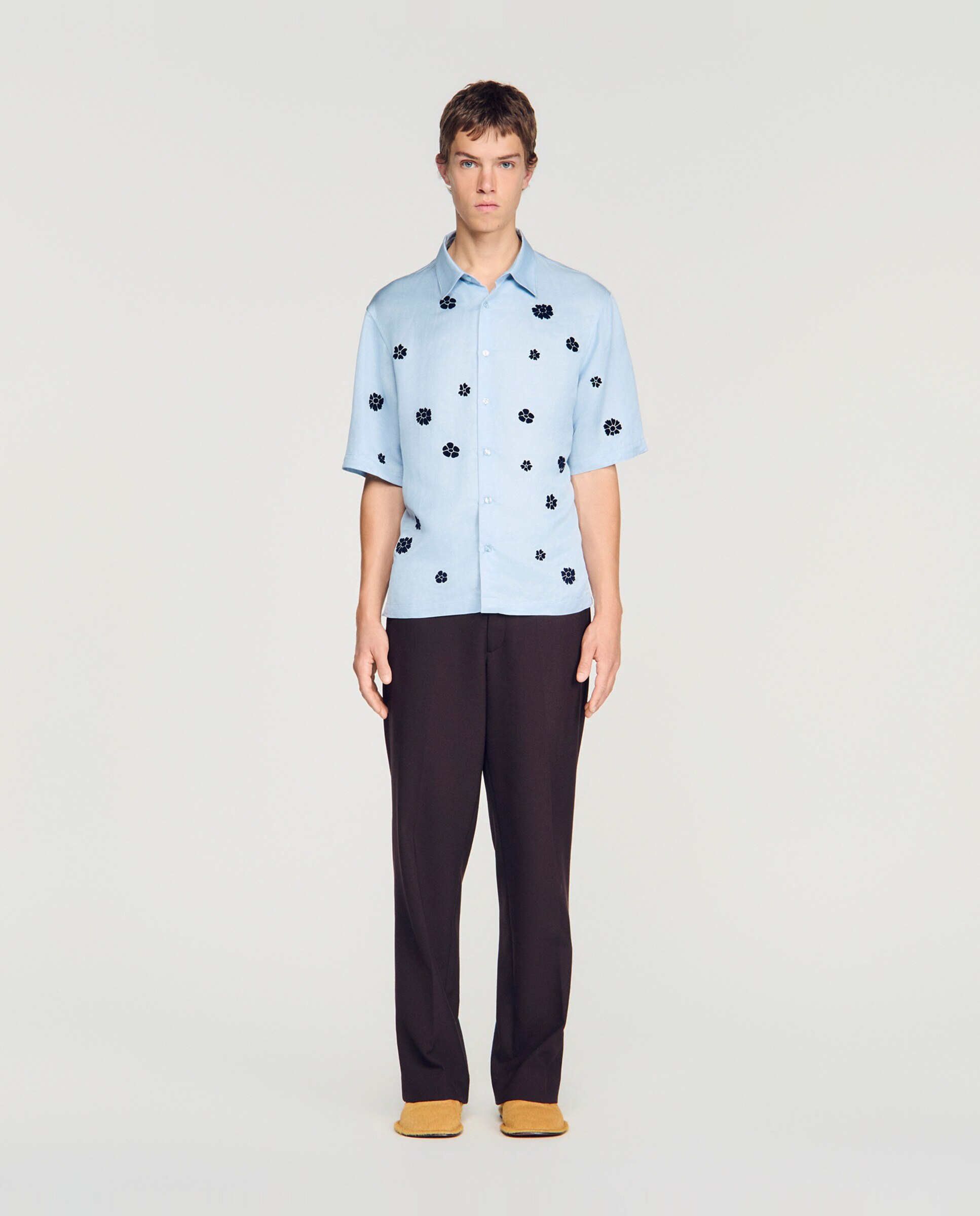 Camisa de hombre corte fluido manga corta estampado floral flocado - Sandro - Azul claro Azul claro-4
