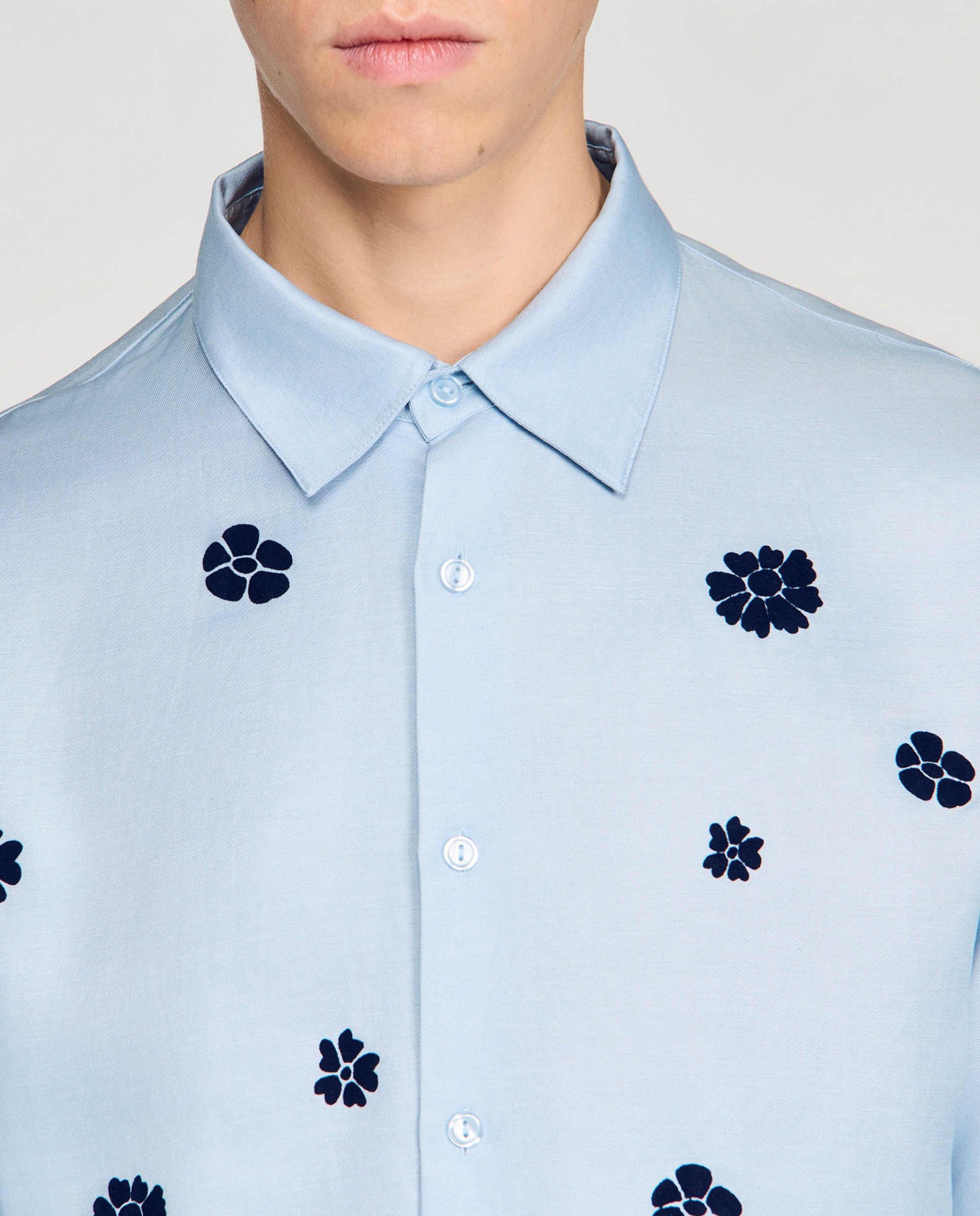 Camisa de hombre corte fluido manga corta estampado floral flocado - Sandro - Azul claro Azul claro-5