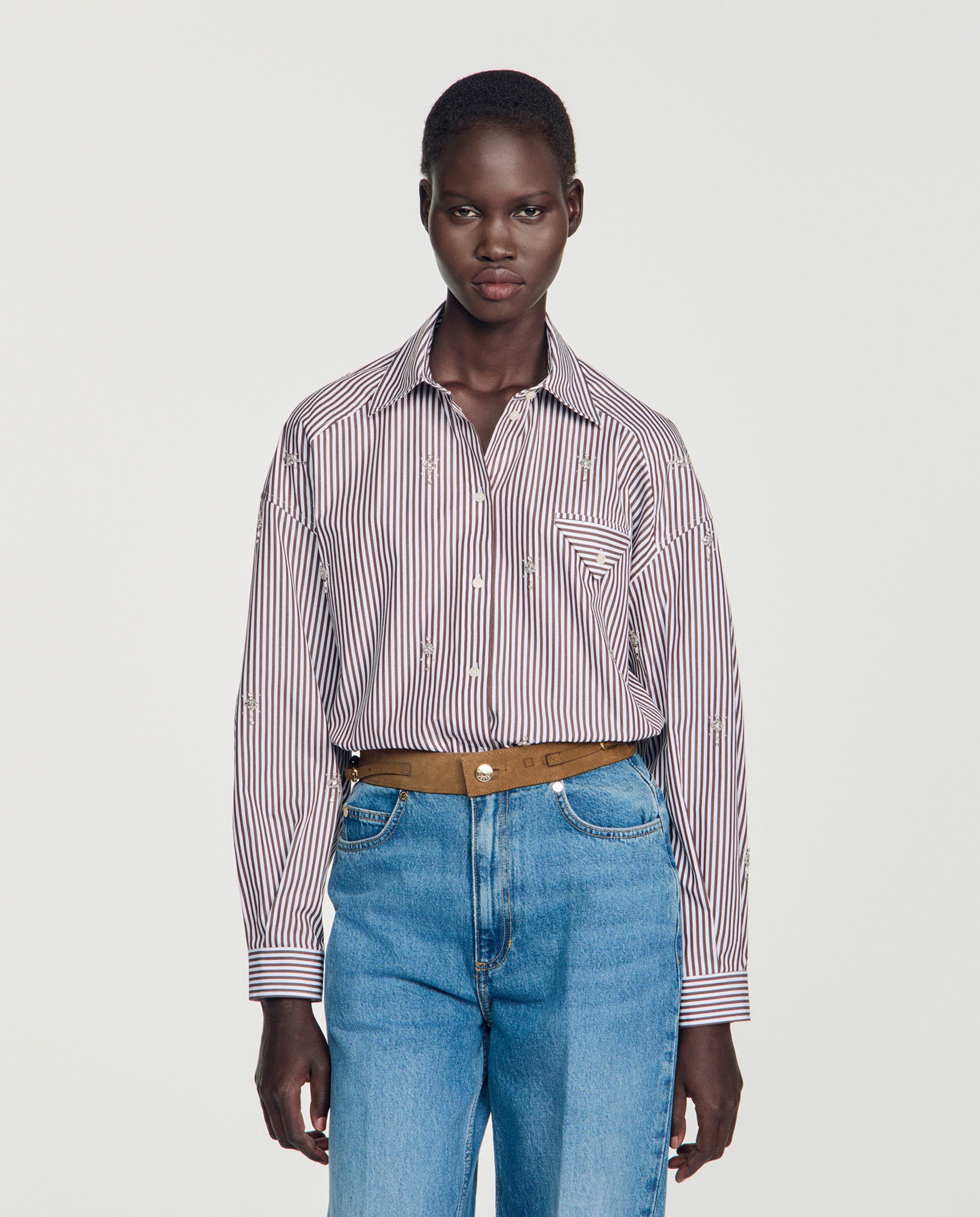 Camisa de mujer 100% algodón oversize a rayas y strass bordado - Sandro - Marrón Marrón-1